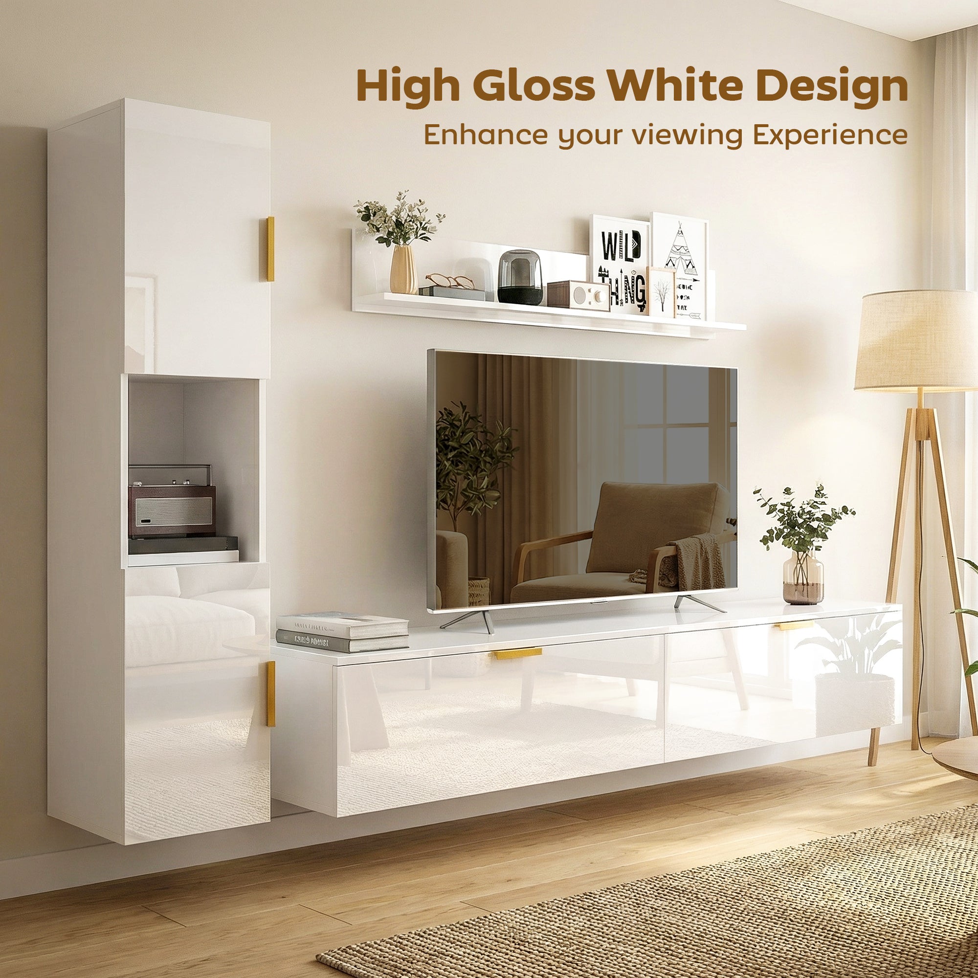 3-Piece Floating TV Wall Unit with Shelf & Storage Cabinet — Fits TVs up to 55 in, High-Gloss White