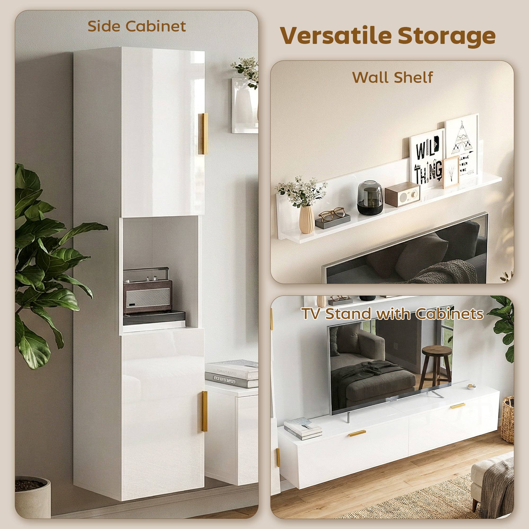 3-Piece Floating TV Wall Unit with Shelf & Storage Cabinet — Fits TVs up to 55 in, High-Gloss White