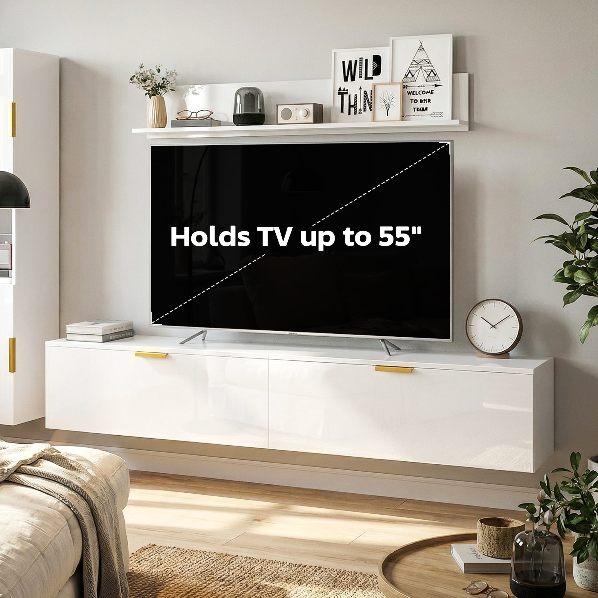 3-Piece Floating TV Wall Unit with Shelf & Storage Cabinet — Fits TVs up to 55 in, High-Gloss White