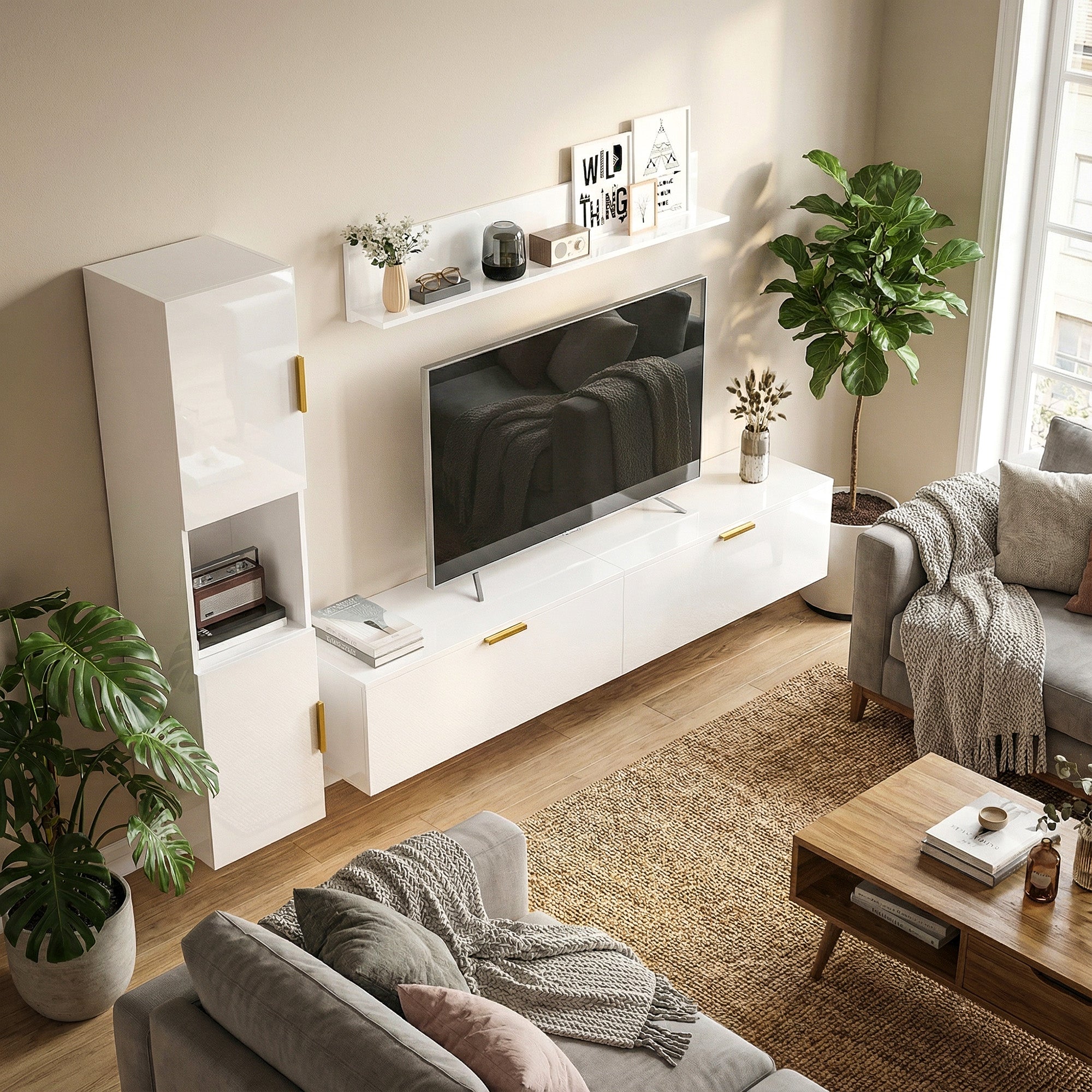 3-Piece Floating TV Wall Unit with Shelf & Storage Cabinet — Fits TVs up to 55 in, High-Gloss White