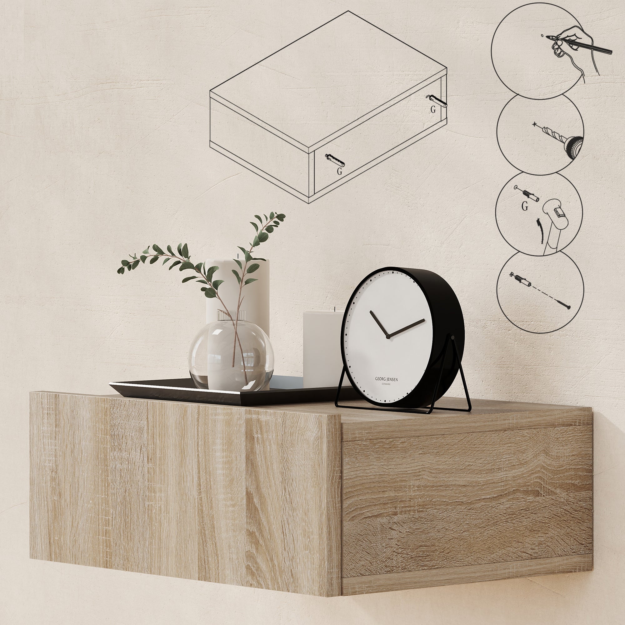Set of 2 Floating Bedside Tables with 1 Drawer Wall Mounted Design Modern Style for Bedroom 40x30x15 cm Natural
