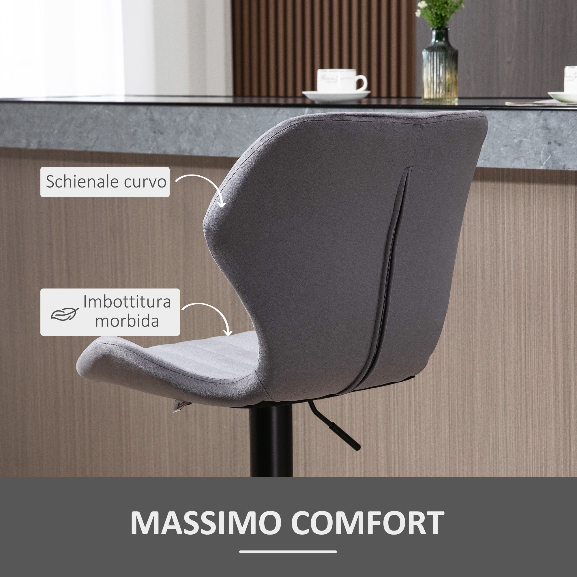 Set of 2 Height-Adjustable Bar Stools with Ergonomic Seat and Footrest, High Stools in Velvet Effect and Metal, 47x51.5x92-114 cm, Gray