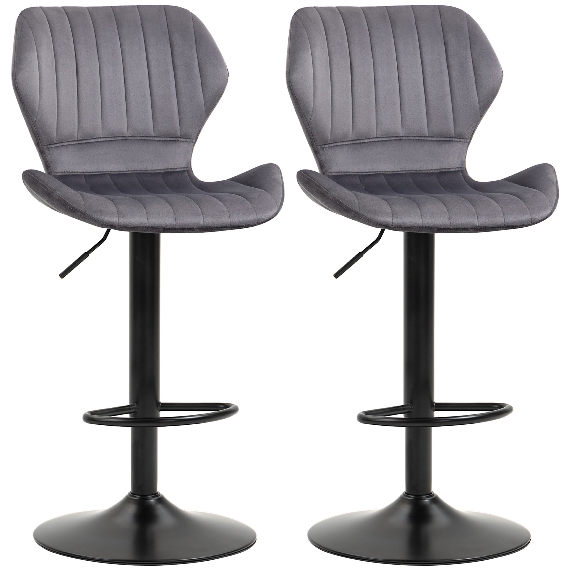 Set of 2 Height-Adjustable Bar Stools with Ergonomic Seat and Footrest, High Stools in Velvet Effect and Metal, 47x51.5x92-114 cm, Gray