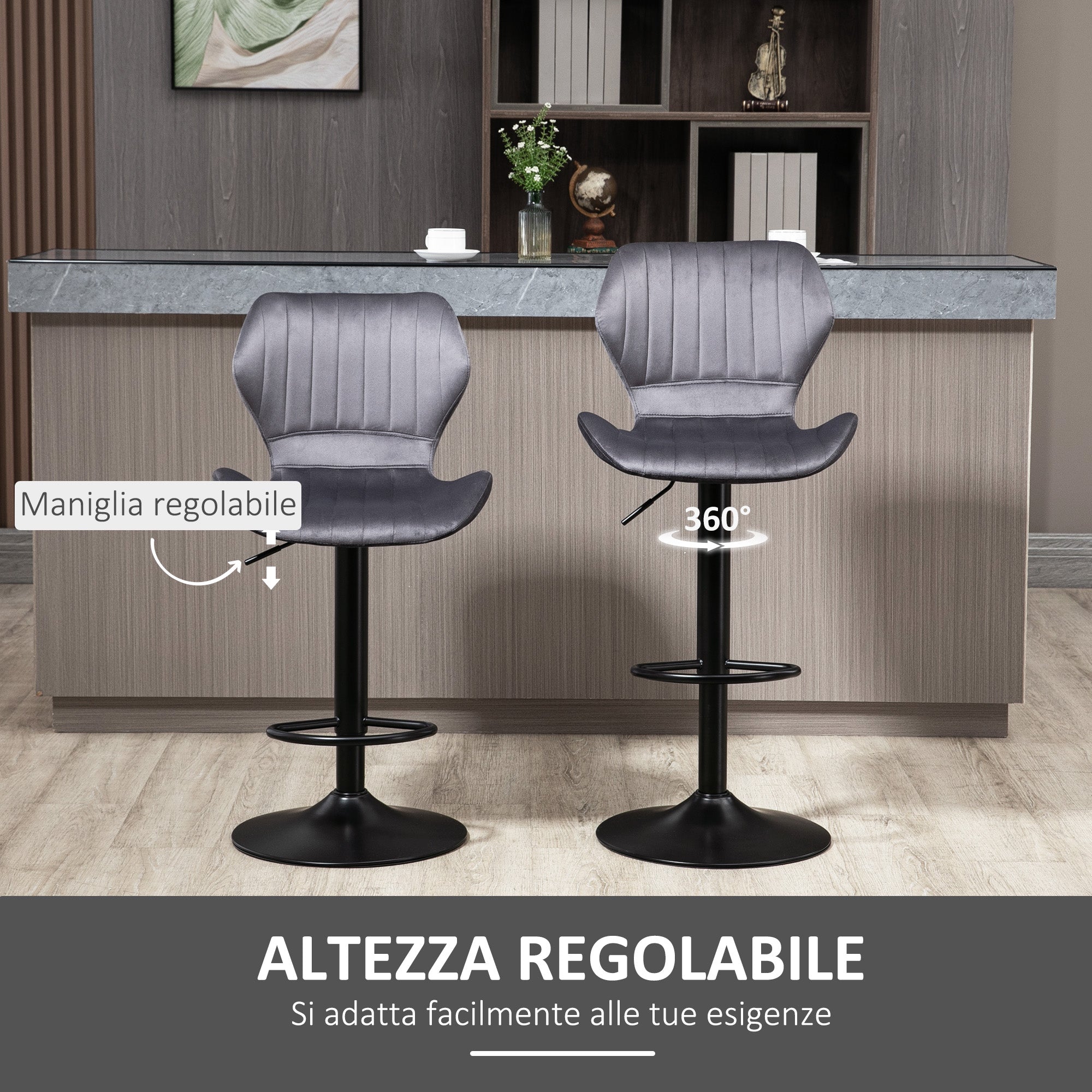 Set of 2 Height-Adjustable Bar Stools with Ergonomic Seat and Footrest, High Stools in Velvet Effect and Metal, 47x51.5x92-114 cm, Gray