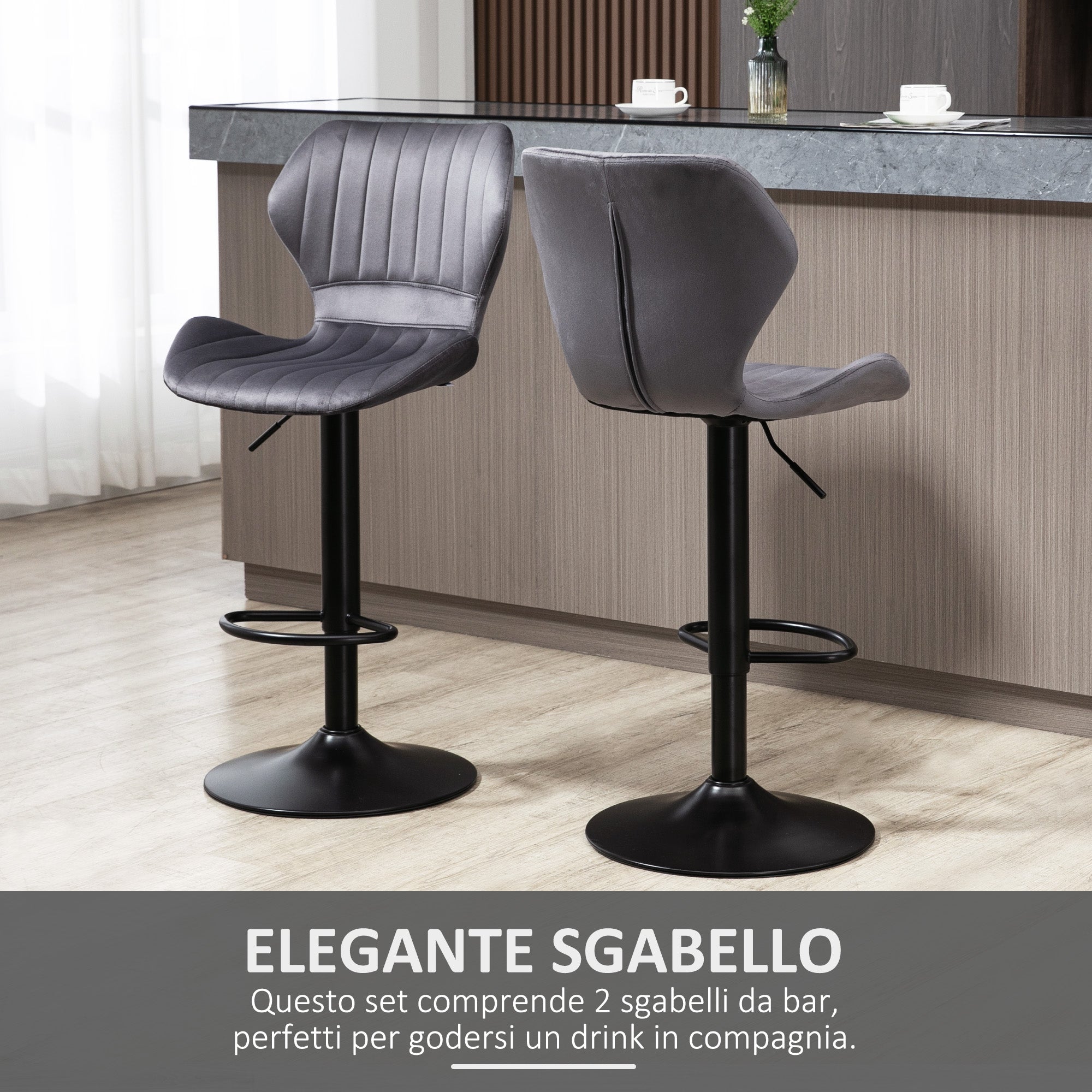 Set of 2 Height-Adjustable Bar Stools with Ergonomic Seat and Footrest, High Stools in Velvet Effect and Metal, 47x51.5x92-114 cm, Gray