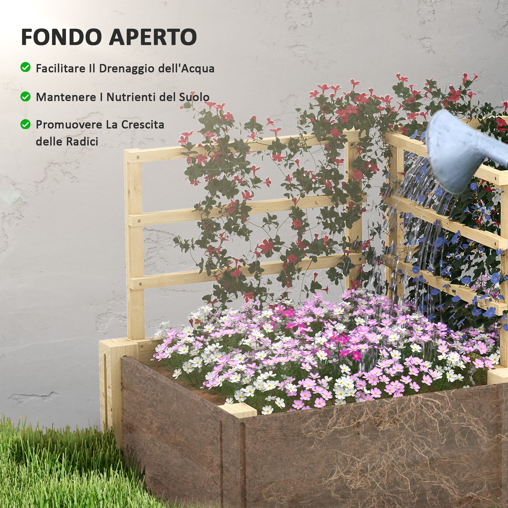 Raised Garden Bed with 3 Trellises, Open Bottom, and 2 Planters, Wooden Planter with Trellis for Climbing Plants, for Balcony, 119x62.5x64 cm, Wood Color