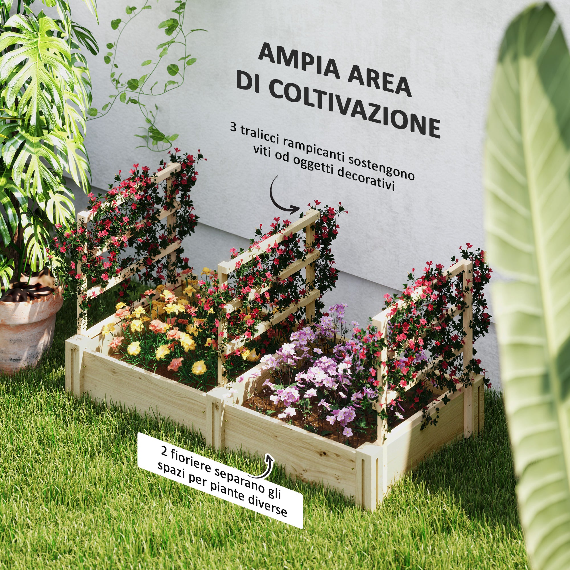 Raised Garden Bed with 3 Trellises, Open Bottom, and 2 Planters, Wooden Planter with Trellis for Climbing Plants, for Balcony, 119x62.5x64 cm, Wood Color