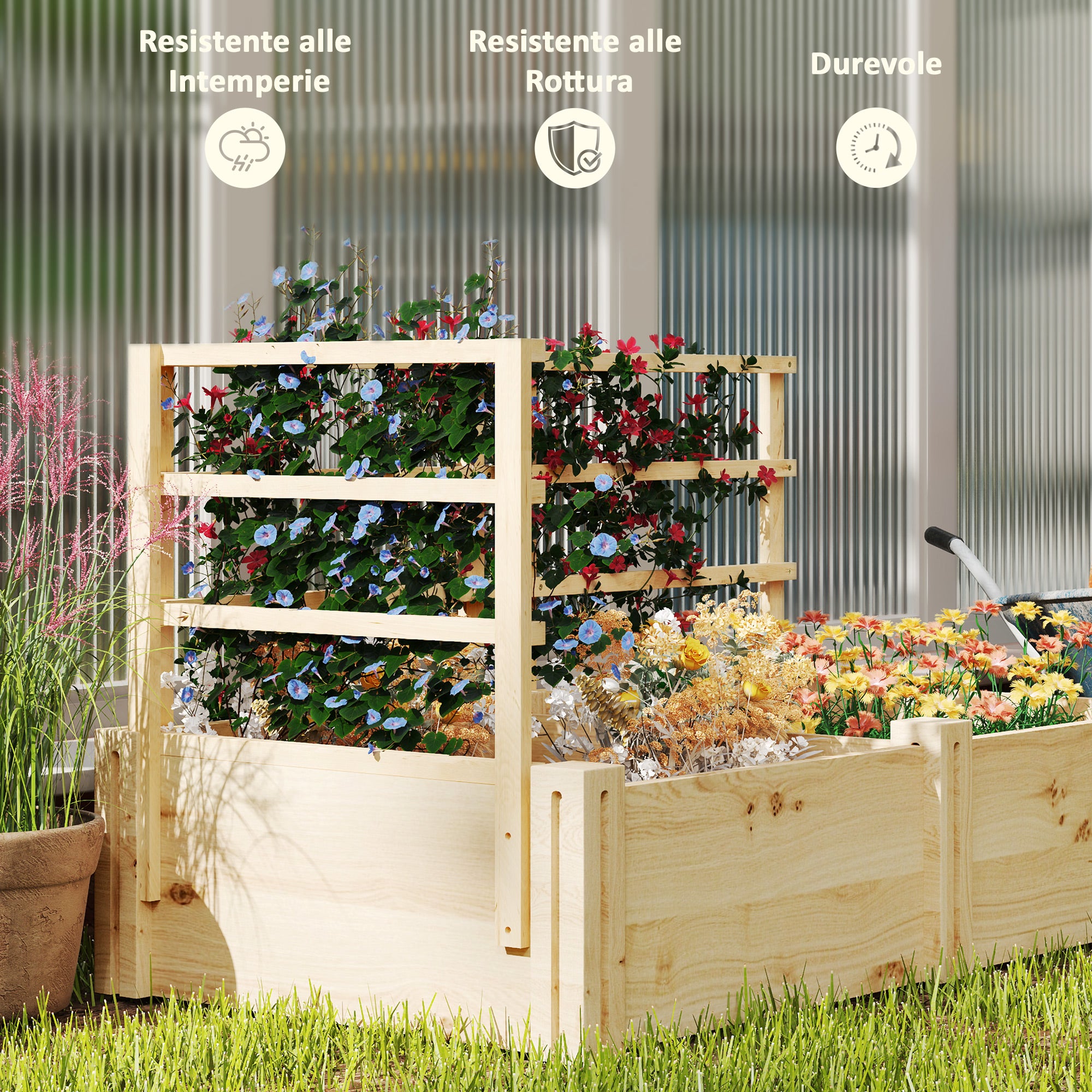 Raised Garden Bed with 3 Trellises, Open Bottom, and 2 Planters, Wooden Planter with Trellis for Climbing Plants, for Balcony, 119x62.5x64 cm, Wood Color