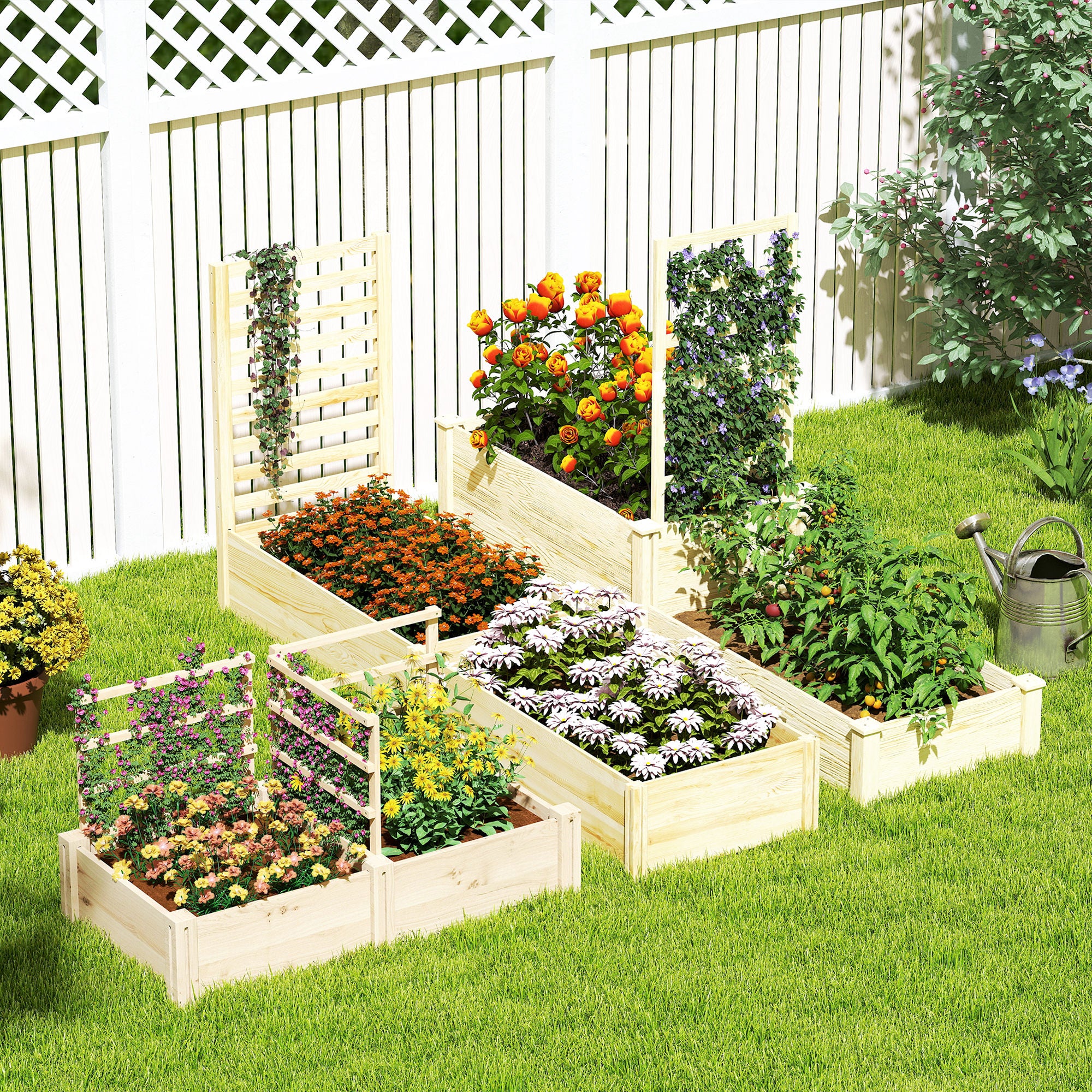 Raised Garden Bed with 3 Trellises, Open Bottom, and 2 Planters, Wooden Planter with Trellis for Climbing Plants, for Balcony, 119x62.5x64 cm, Wood Color