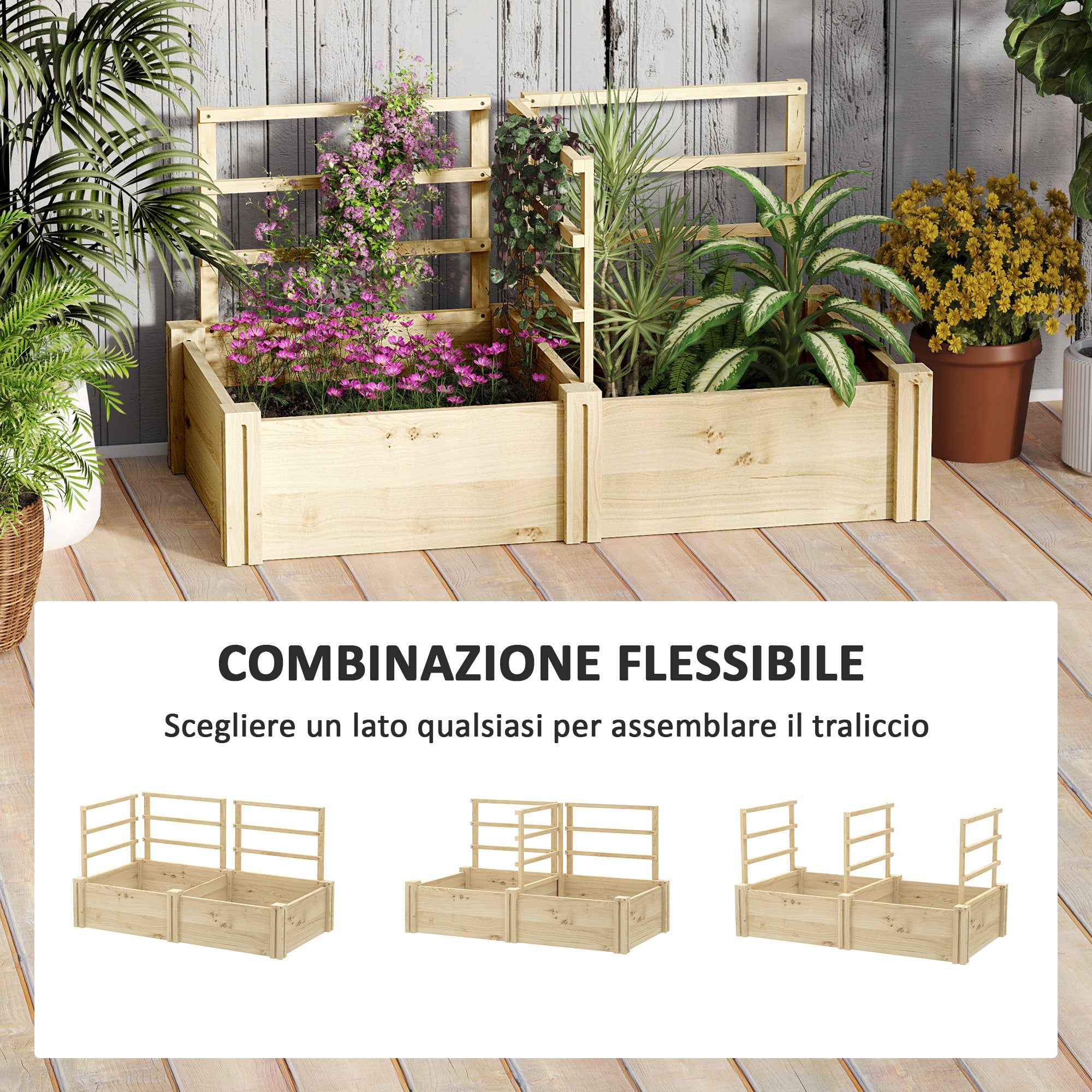 Raised Garden Bed with 3 Trellises, Open Bottom, and 2 Planters, Wooden Planter with Trellis for Climbing Plants, for Balcony, 119x62.5x64 cm, Wood Color