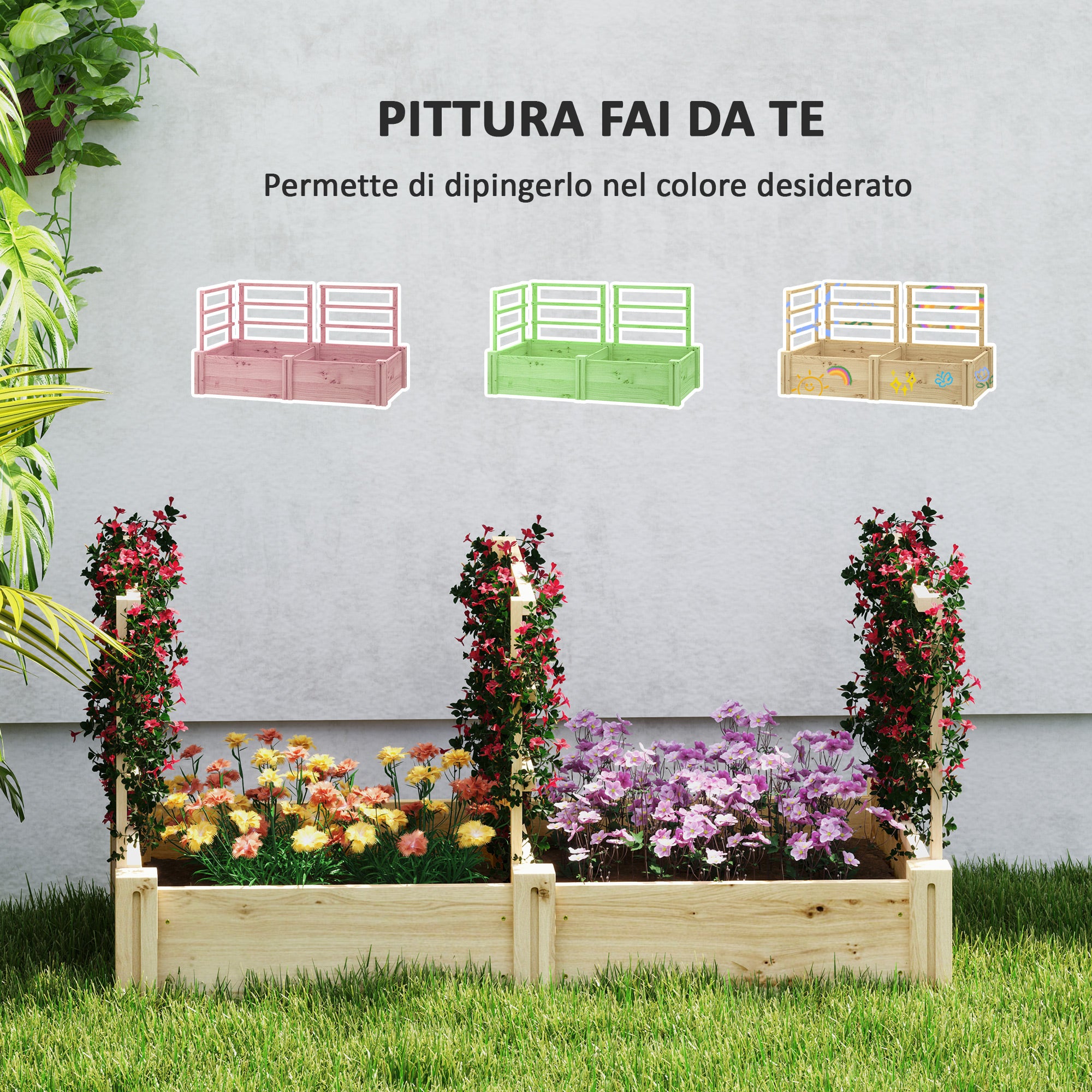 Raised Garden Bed with 3 Trellises, Open Bottom, and 2 Planters, Wooden Planter with Trellis for Climbing Plants, for Balcony, 119x62.5x64 cm, Wood Color