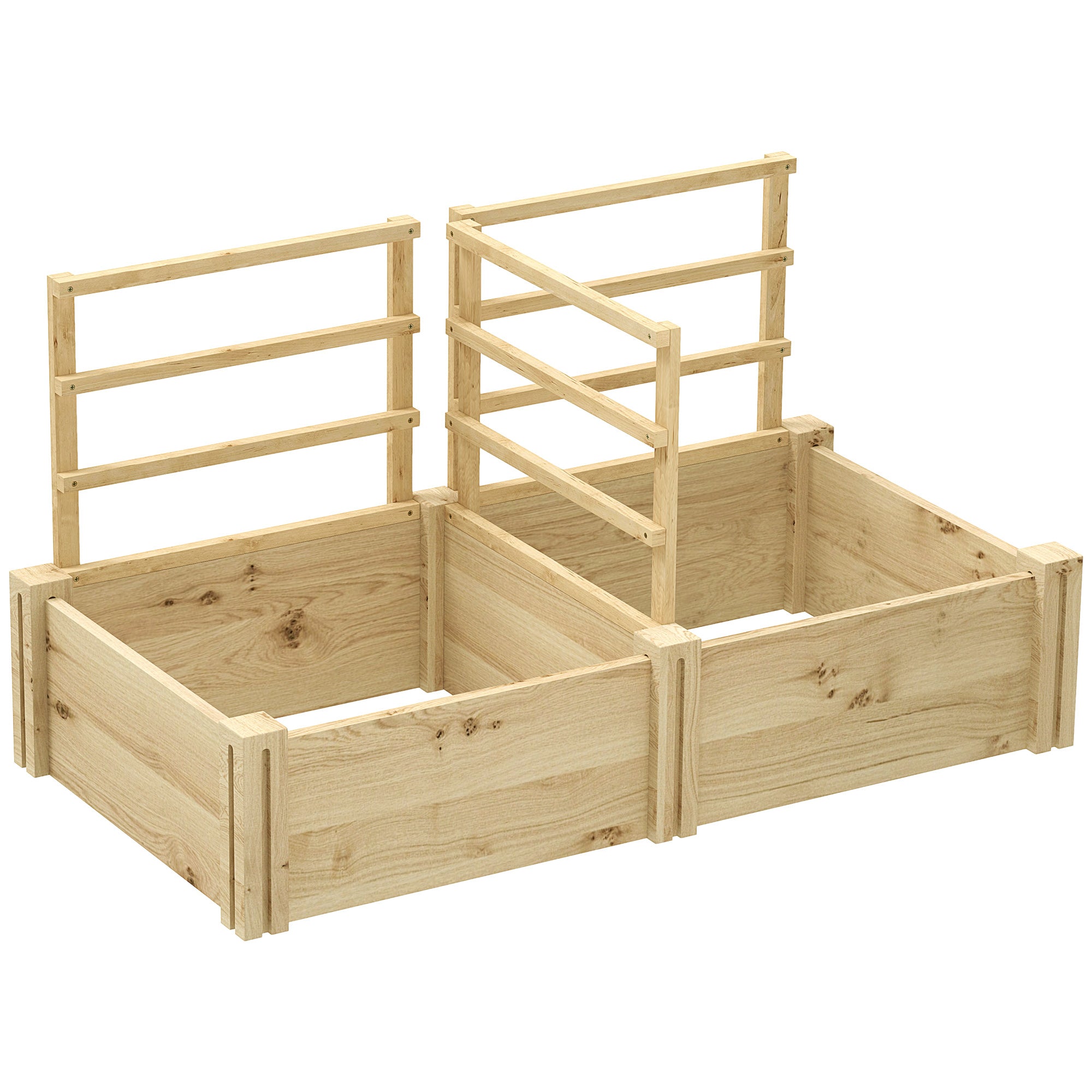 Raised Garden Bed with 3 Trellises, Open Bottom, and 2 Planters, Wooden Planter with Trellis for Climbing Plants, for Balcony, 119x62.5x64 cm, Wood Color