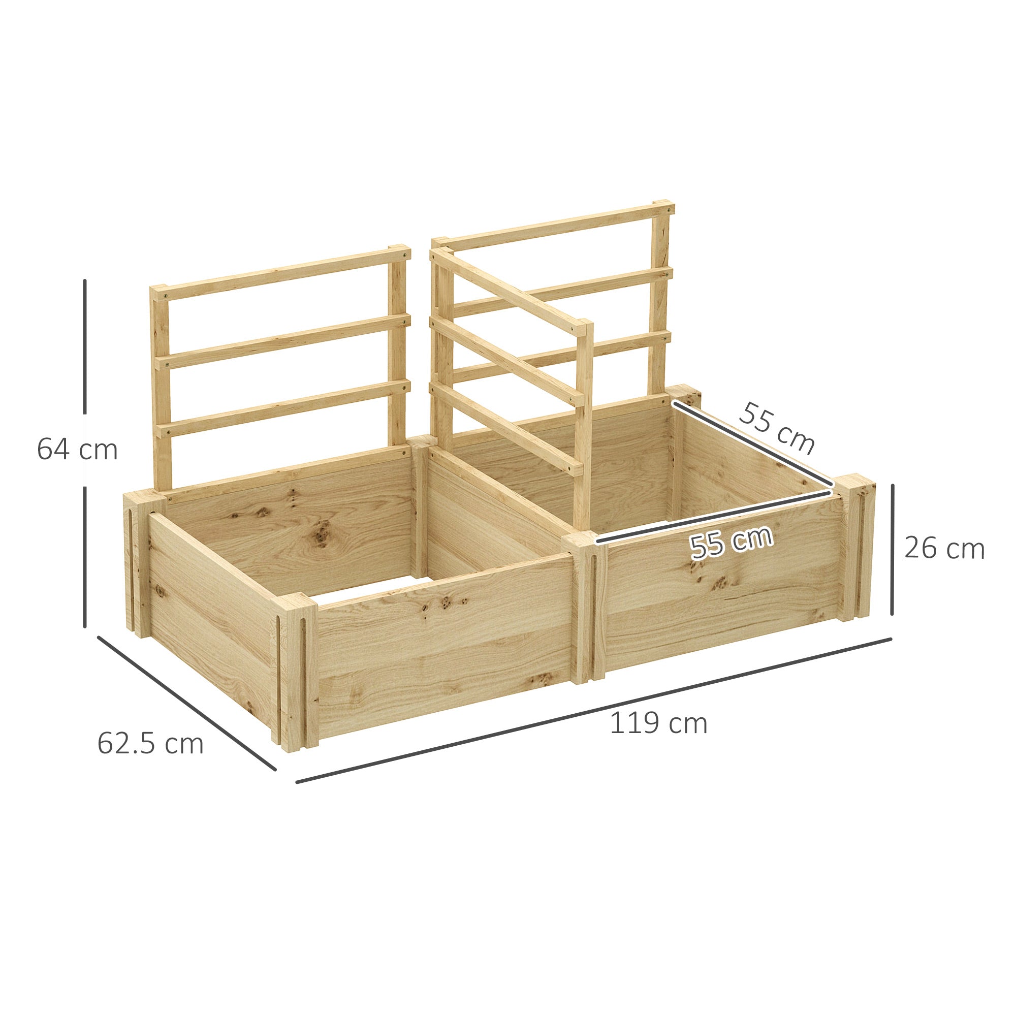 Raised Garden Bed with 3 Trellises, Open Bottom, and 2 Planters, Wooden Planter with Trellis for Climbing Plants, for Balcony, 119x62.5x64 cm, Wood Color
