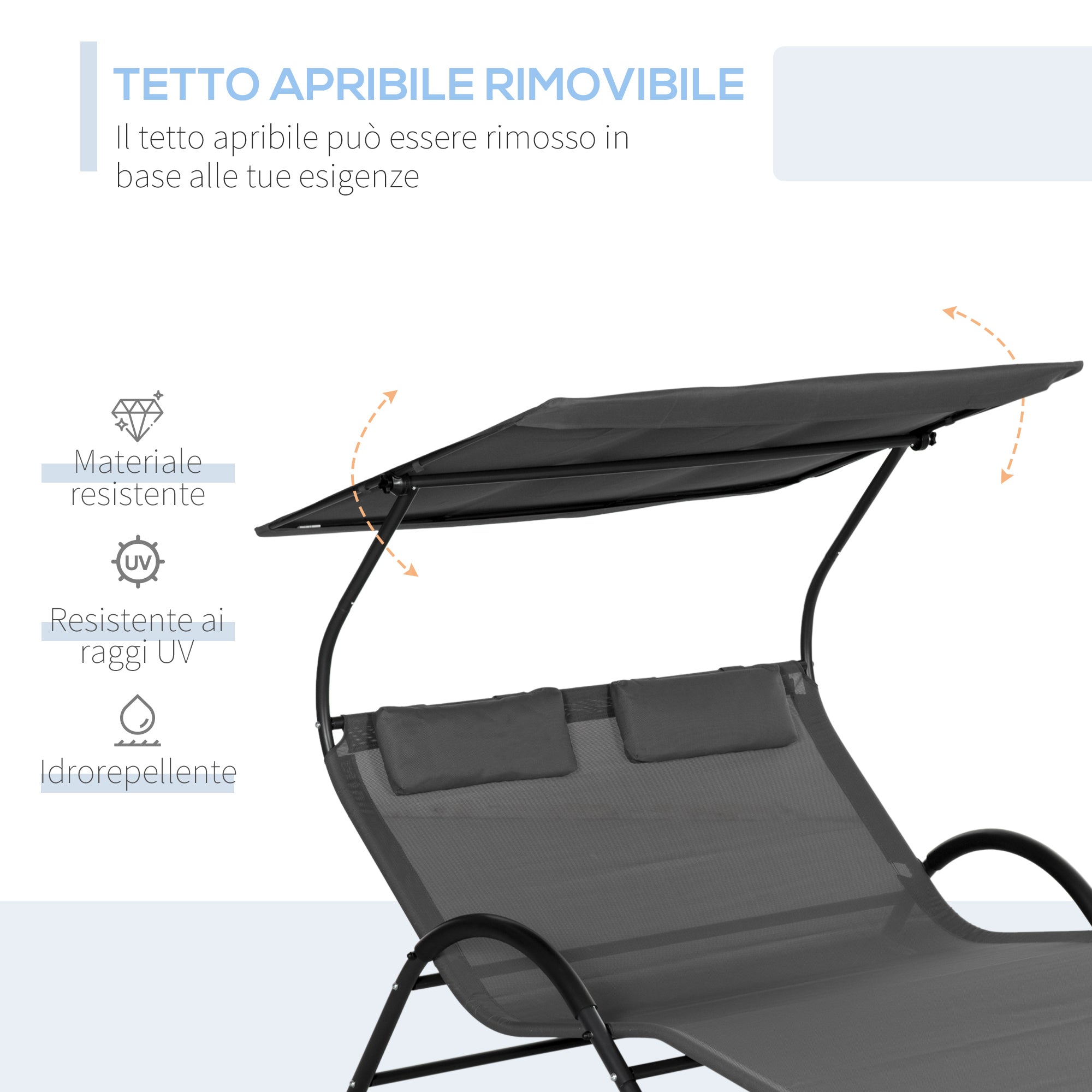 Double Reclining Sun Lounger in Steel with Wheels, Padded Headrest and Sunshade, 200x137x138 cm, Dark Gray