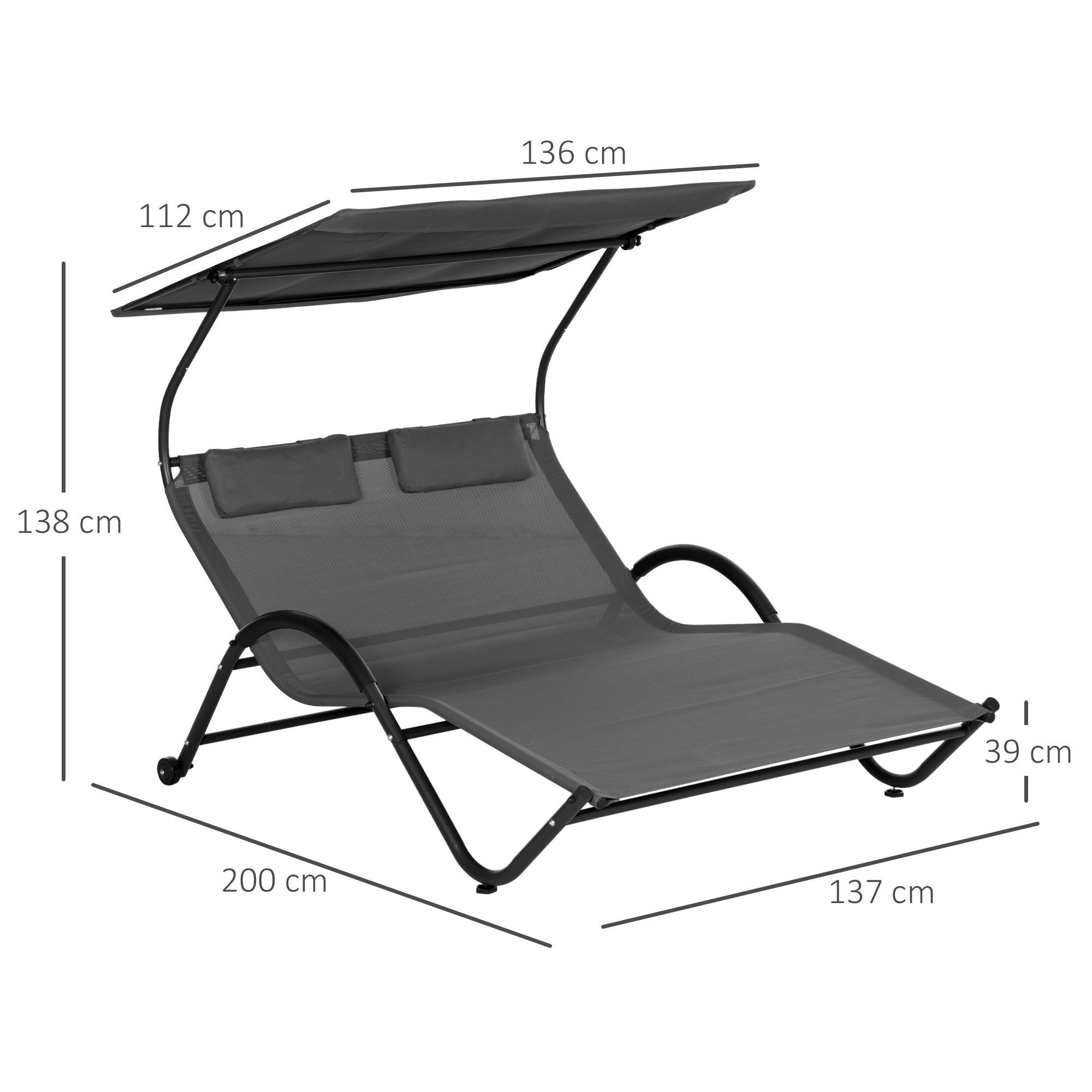 Double Reclining Sun Lounger in Steel with Wheels, Padded Headrest and Sunshade, 200x137x138 cm, Dark Gray