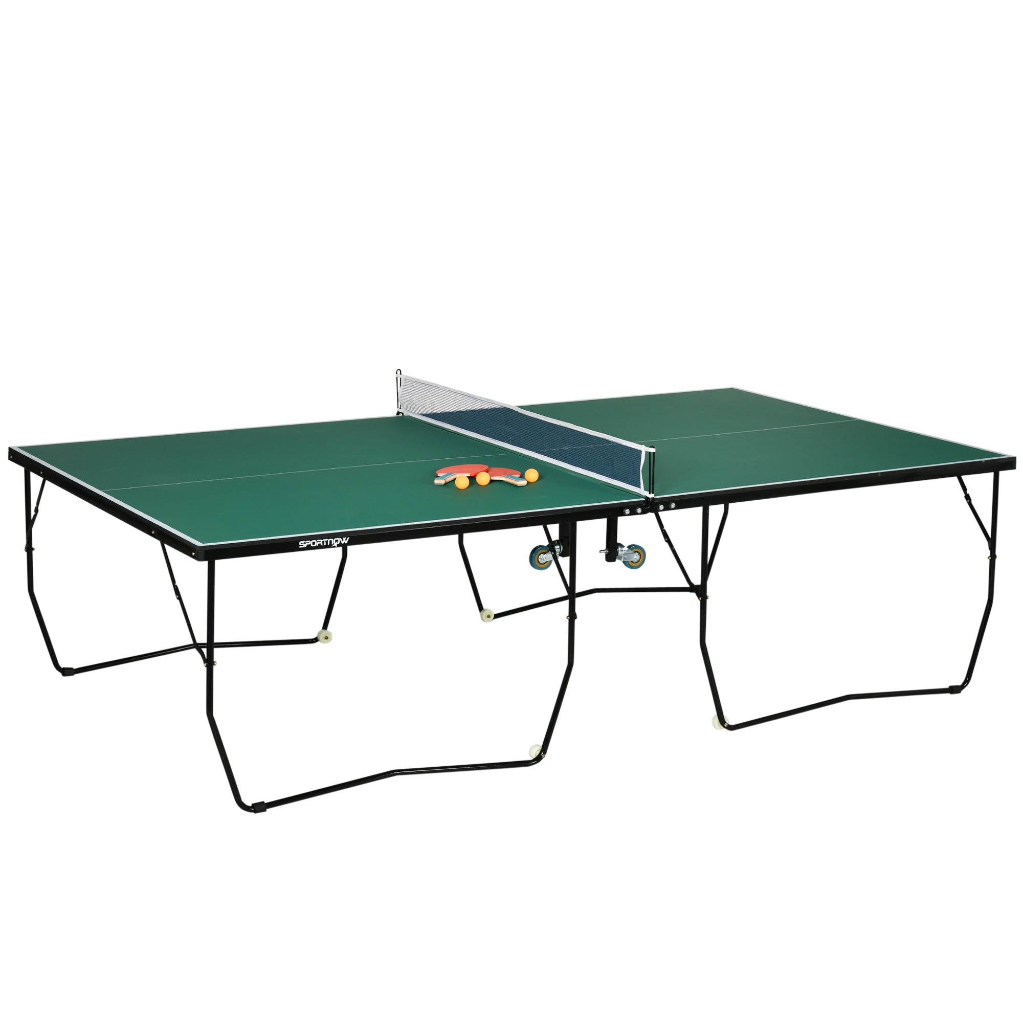 SPORTNOW Table Tennis Table, Foldable Table Tennis Table including Table Tennis Net, Wheels, 2 Table Tennis Rackets, and 3 Balls, Steel, Green, Table Tennis Table for Outdoor Indoor 274 x 152.5 x 76 cm Green