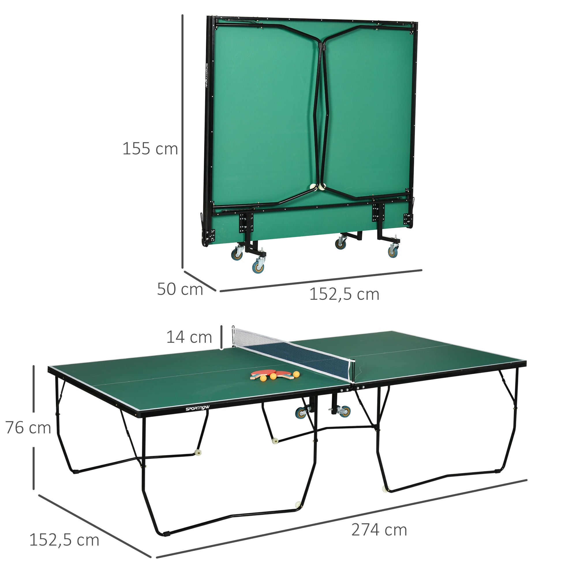 SPORTNOW Table Tennis Table, Foldable Table Tennis Table including Table Tennis Net, Wheels, 2 Table Tennis Rackets, and 3 Balls, Steel, Green, Table Tennis Table for Outdoor Indoor 274 x 152.5 x 76 cm Green