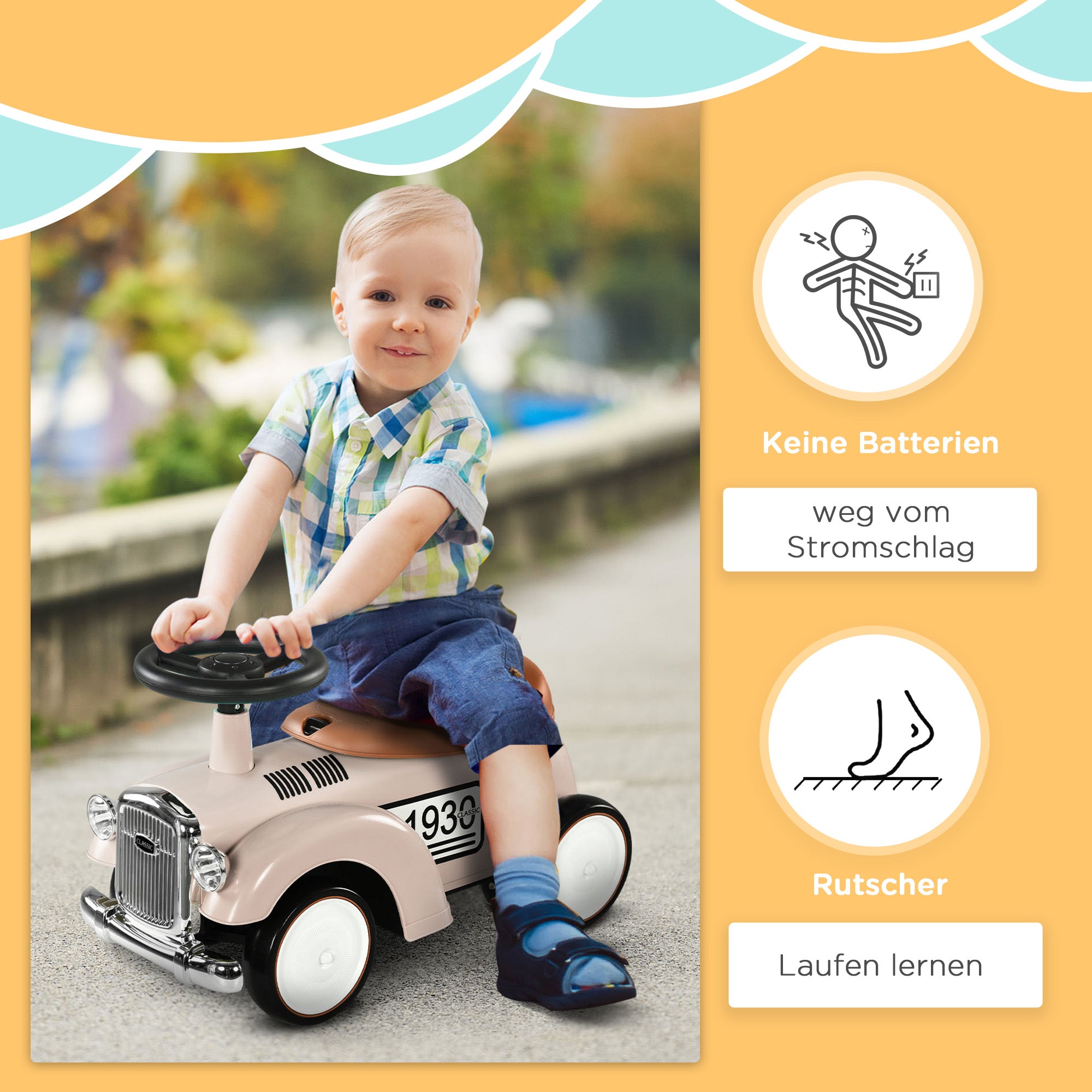 Kids Slider, Children's Vehicle with Storage Space, Kids Car, Slider Vehicle with Anti-Tip Protection, Slider for 1-3 Year Old Kids, Cream, 58 x 27 x 35 cm