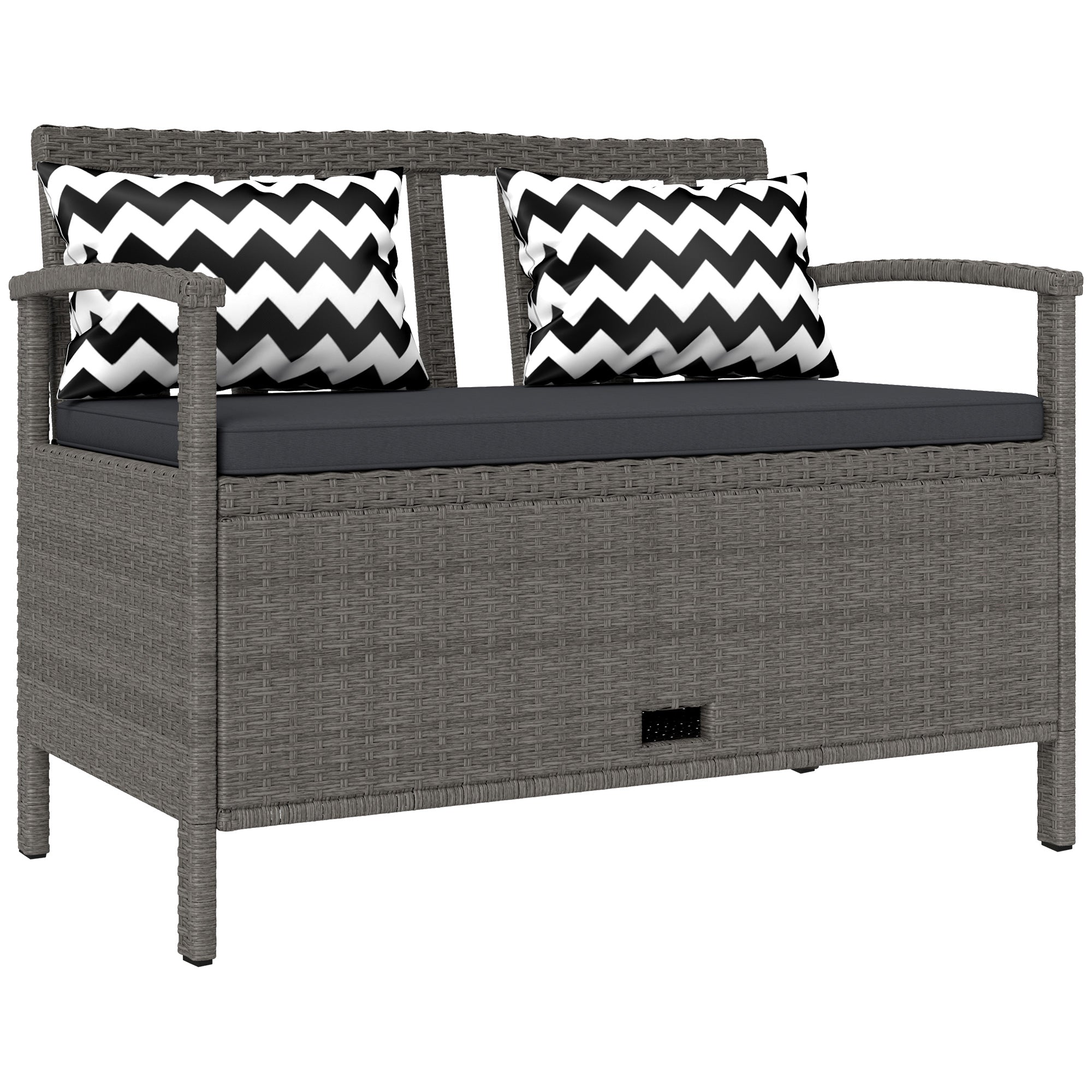 Outdoor Garden 2-Seater Bench, 160L PE Rattan Storage Bench, with Cushion, 2 Pillows, Steel Frame, 112 cm, Gray