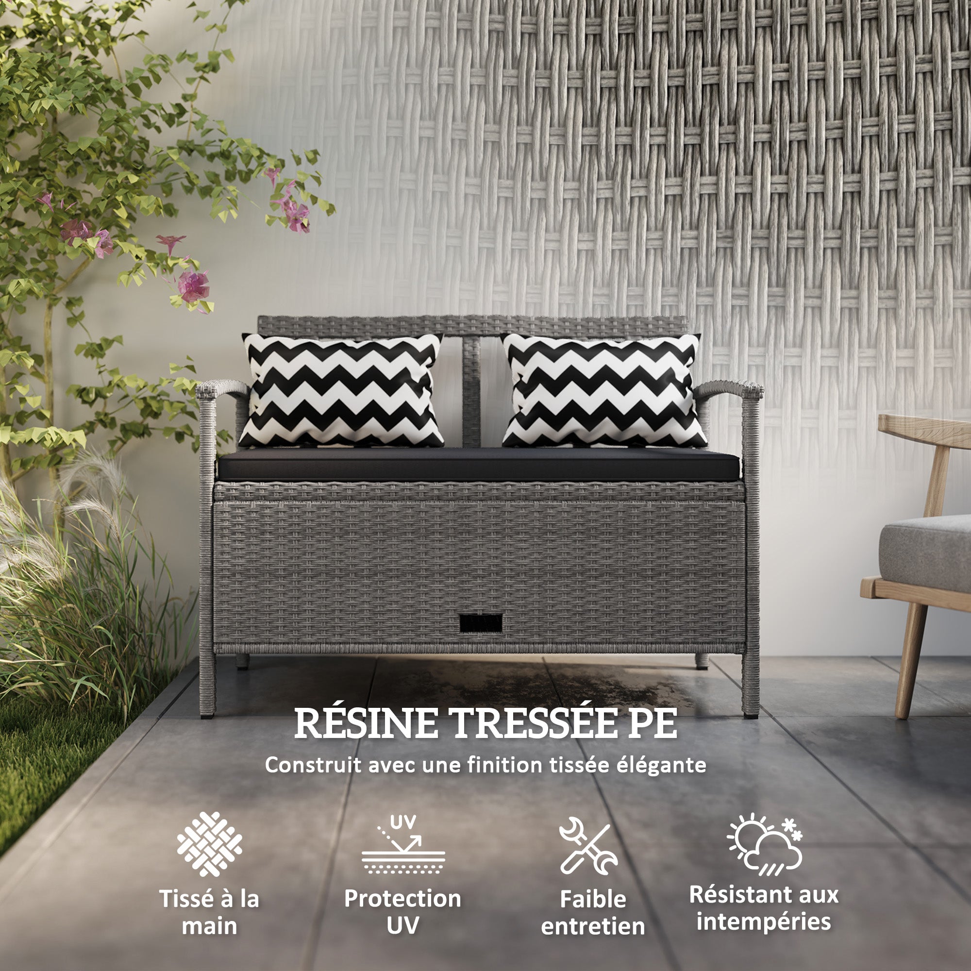 Outdoor Garden 2-Seater Bench, 160L PE Rattan Storage Bench, with Cushion, 2 Pillows, Steel Frame, 112 cm, Gray