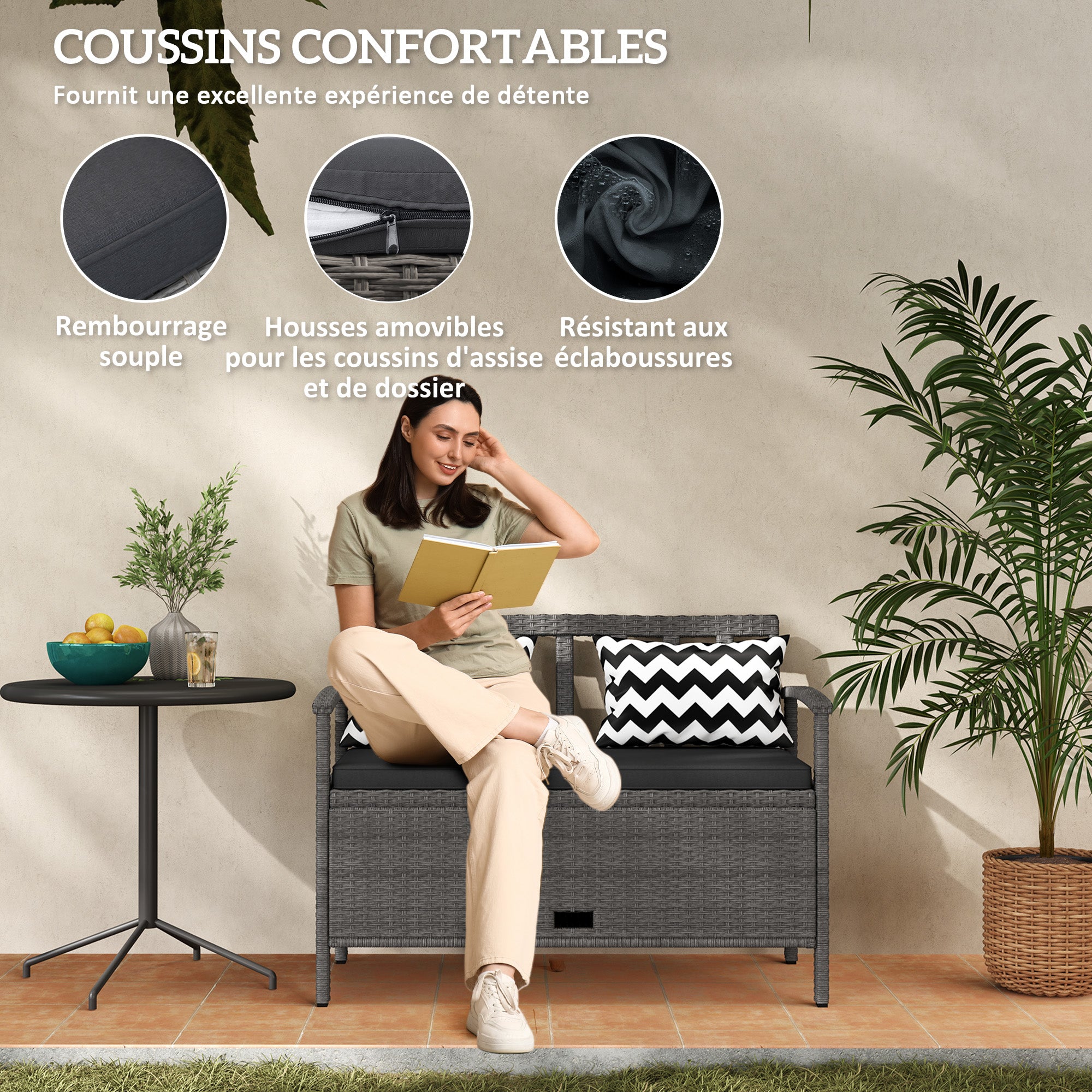 Outdoor Garden 2-Seater Bench, 160L PE Rattan Storage Bench, with Cushion, 2 Pillows, Steel Frame, 112 cm, Gray