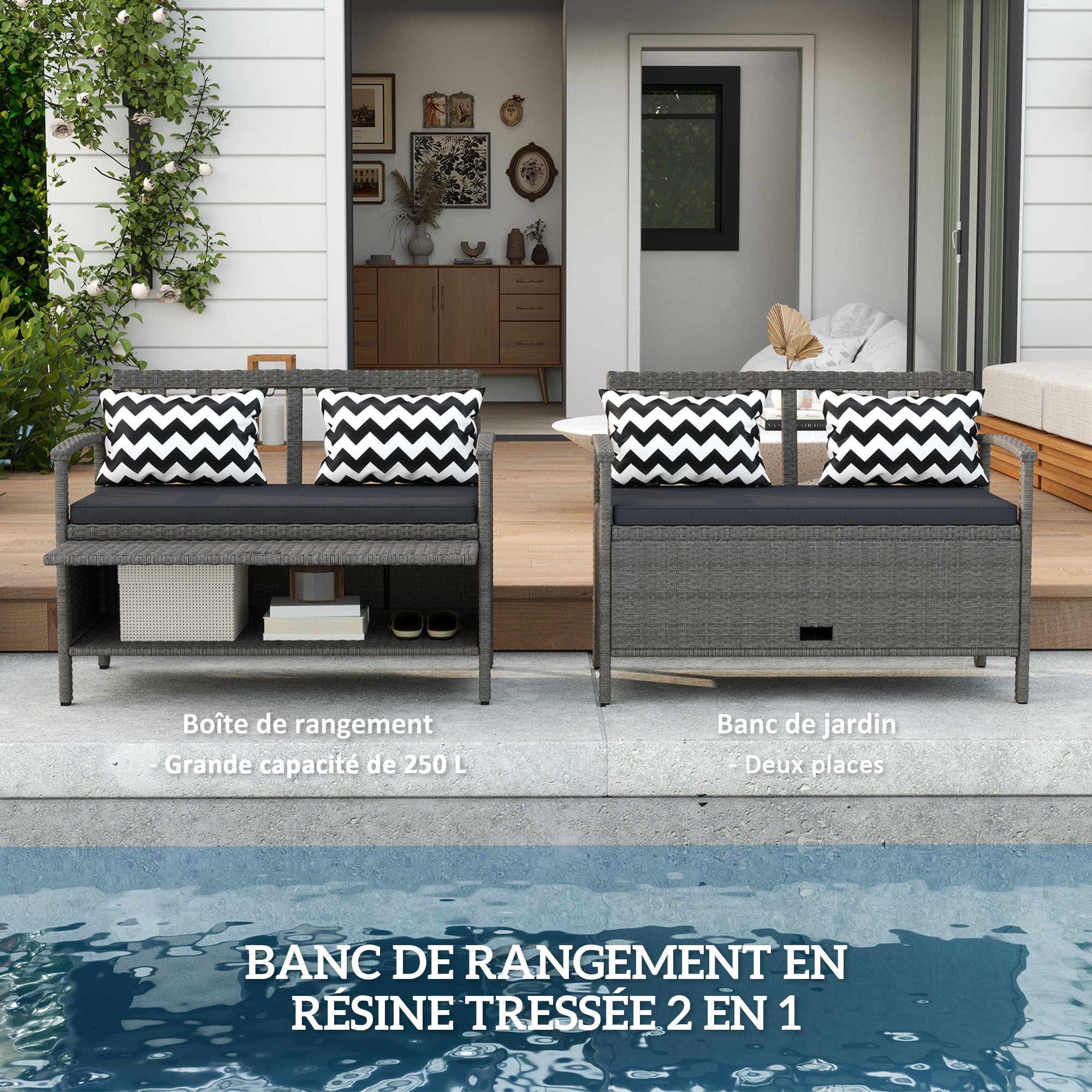 Outdoor Garden 2-Seater Bench, 160L PE Rattan Storage Bench, with Cushion, 2 Pillows, Steel Frame, 112 cm, Gray