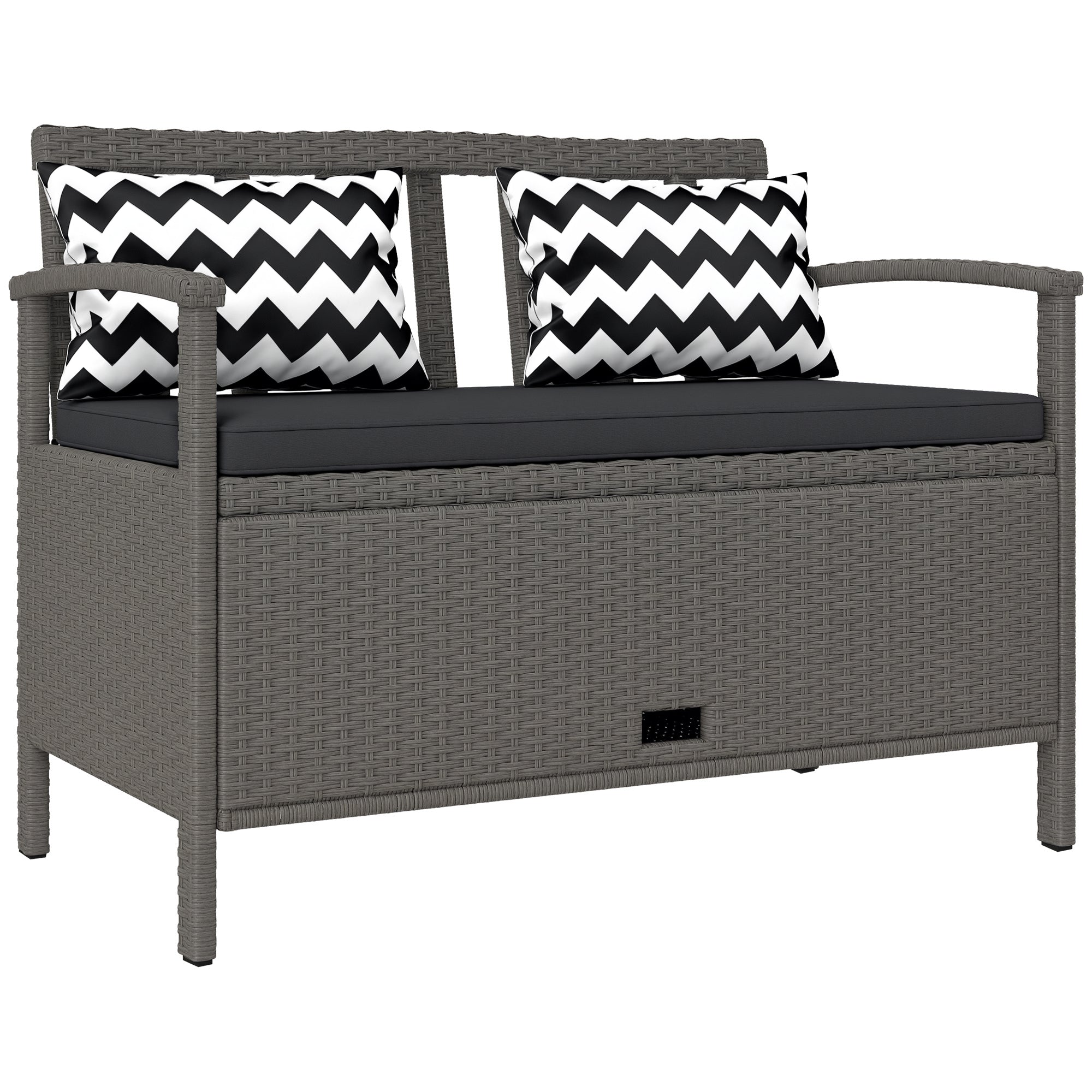 Outdoor Garden 2-Seater Bench, 160L PE Rattan Storage Bench, with Cushion, 2 Pillows, Steel Frame, 112 cm, Gray
