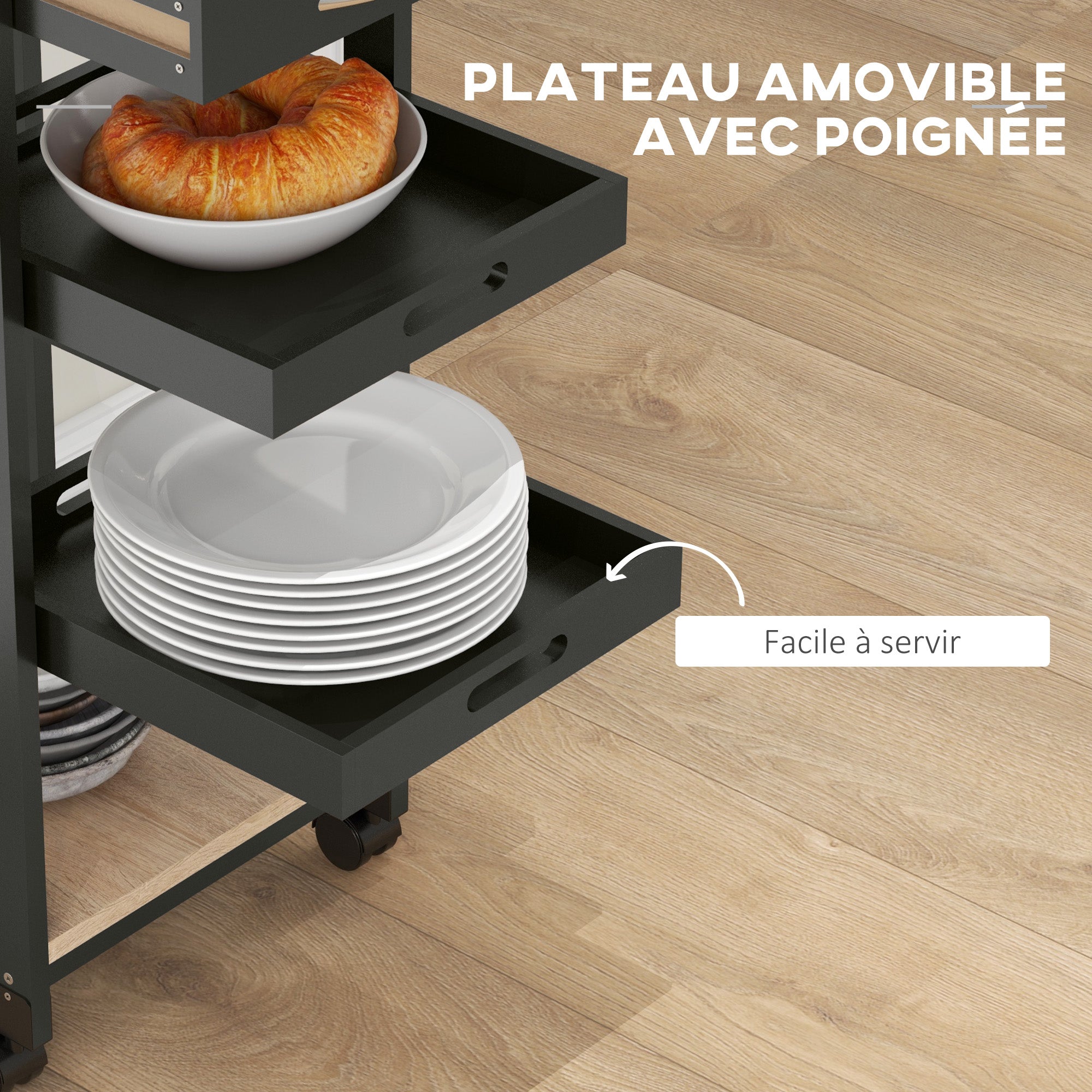 Kitchen Trolley Service Trolley with Wheels 2 Removable Trays, Drawer, Shelf Light Oak Pine Wood Black