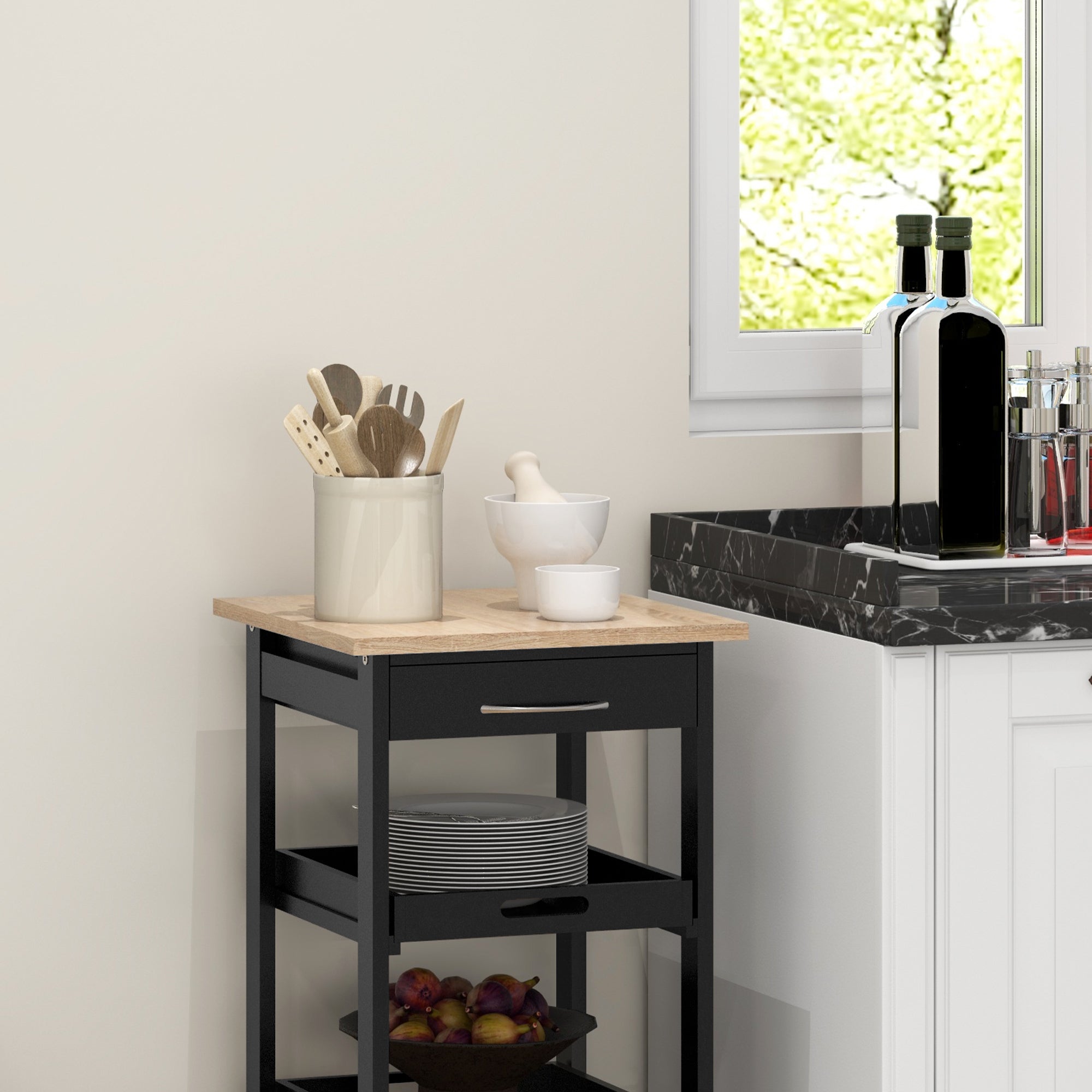 Kitchen Trolley Service Trolley with Wheels 2 Removable Trays, Drawer, Shelf Light Oak Pine Wood Black