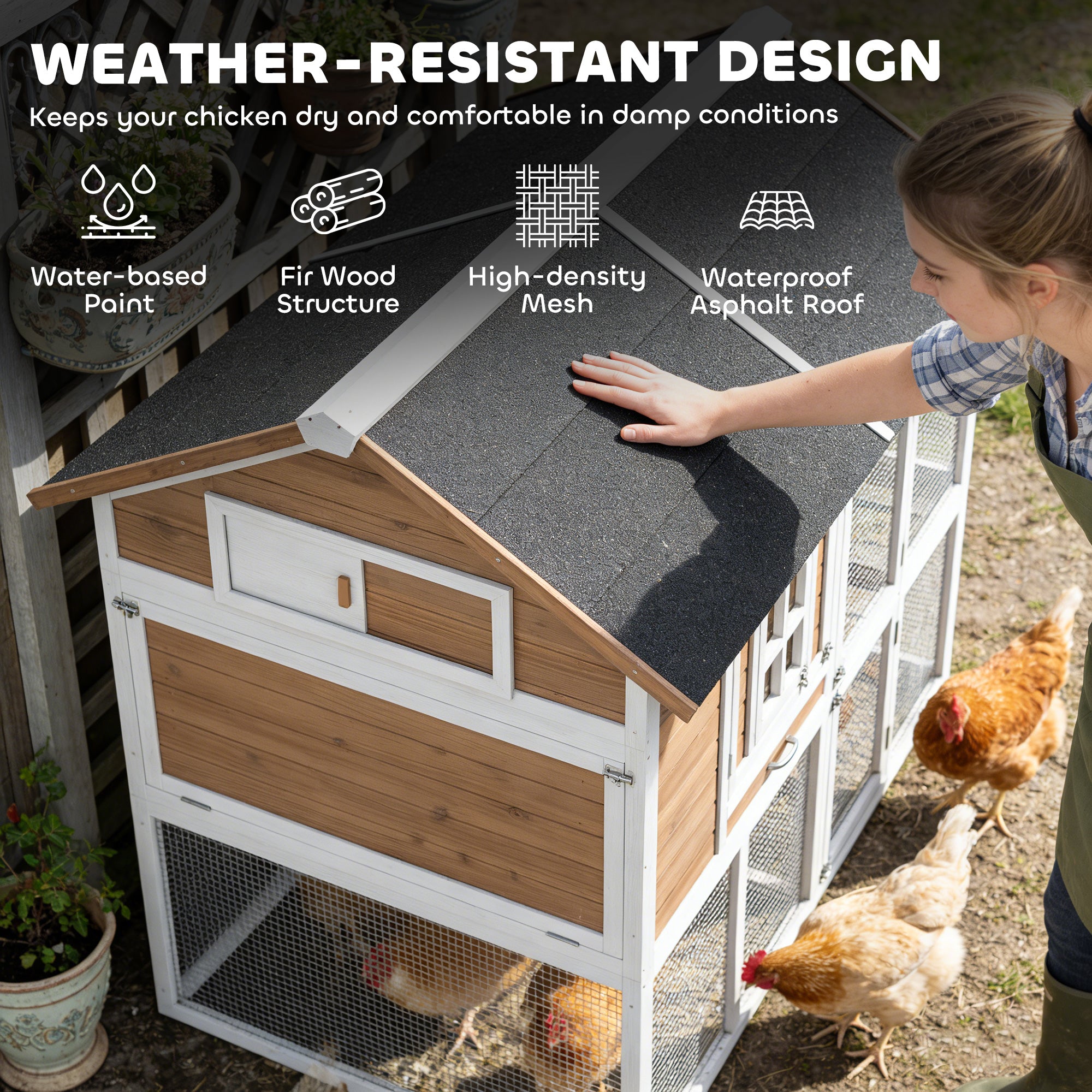 Chicken Coop with Run & Nest Box for 4 Hens, 200 x 104 x 145 cm Wooden Hen House with Removable Tray, Waterproof Asphalt Roof, Ramp, Brown