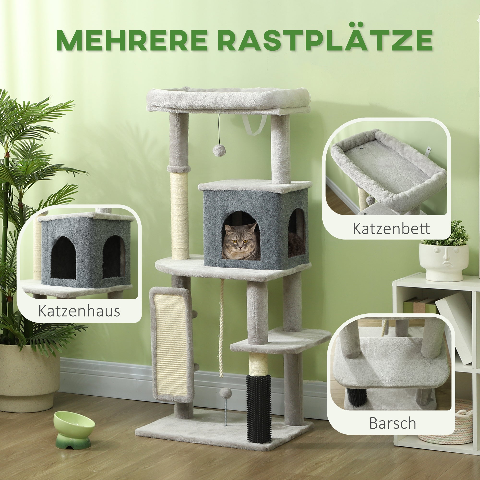 Scratching Post 132 cm Cat Tree with Cat Cave, Play Ball, Cat Scratching Post with Sisal Scratching Columns, for Cats up to 6 kg, Light Gray