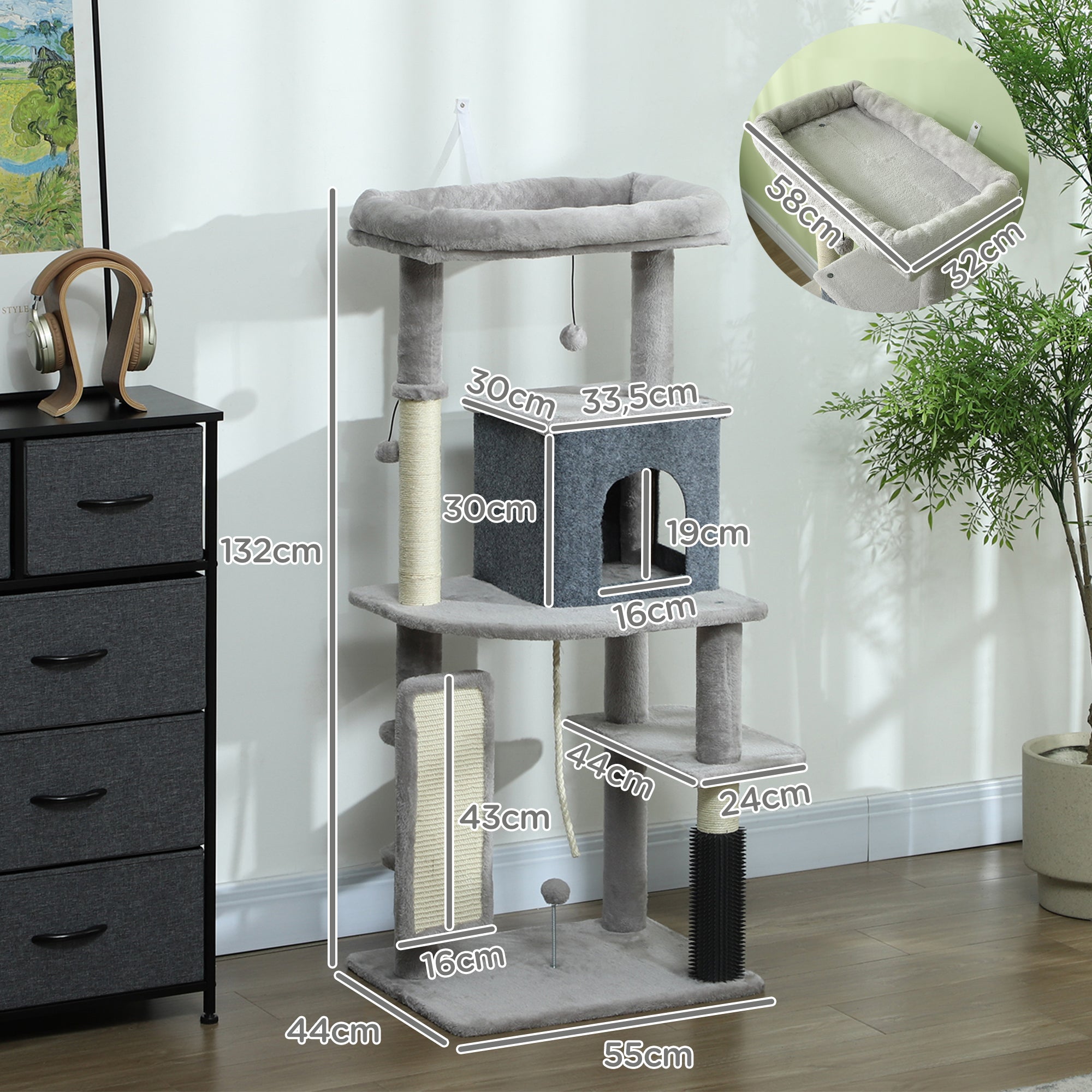 Scratching Post 132 cm Cat Tree with Cat Cave, Play Ball, Cat Scratching Post with Sisal Scratching Columns, for Cats up to 6 kg, Light Gray