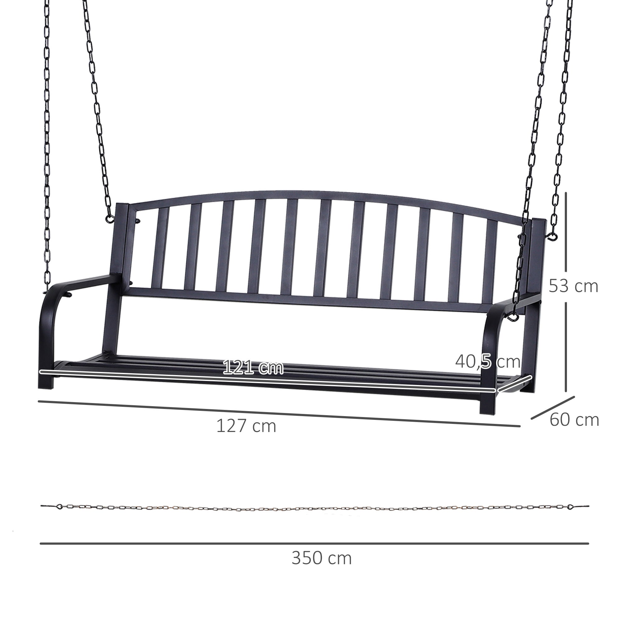 Hanging Bench 2-Seater Garden Swing Swing Bench Hollywood Swing Suspended Bench with Chains Metal Black 127 x 60 x 53 cm