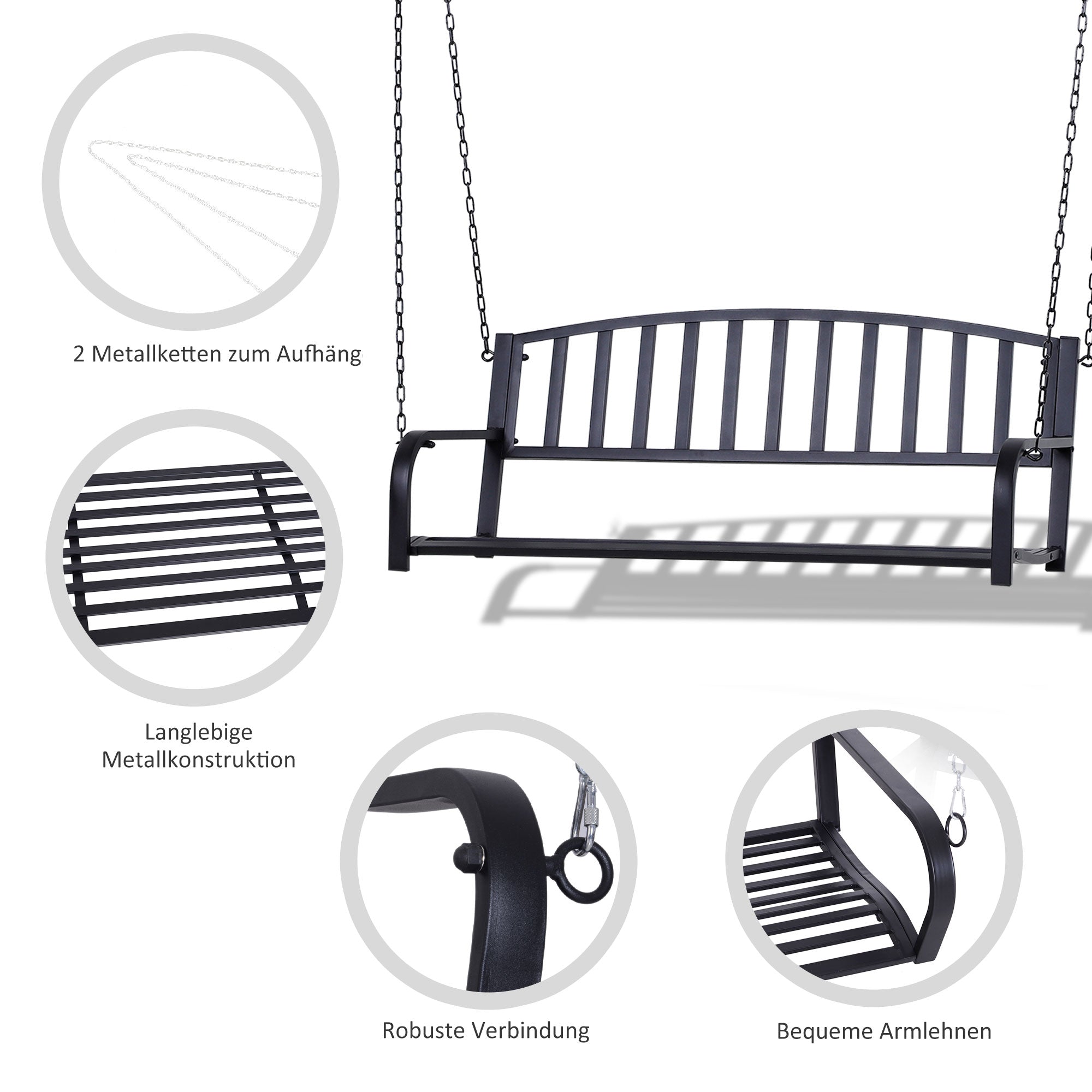 Hanging Bench 2-Seater Garden Swing Swing Bench Hollywood Swing Suspended Bench with Chains Metal Black 127 x 60 x 53 cm
