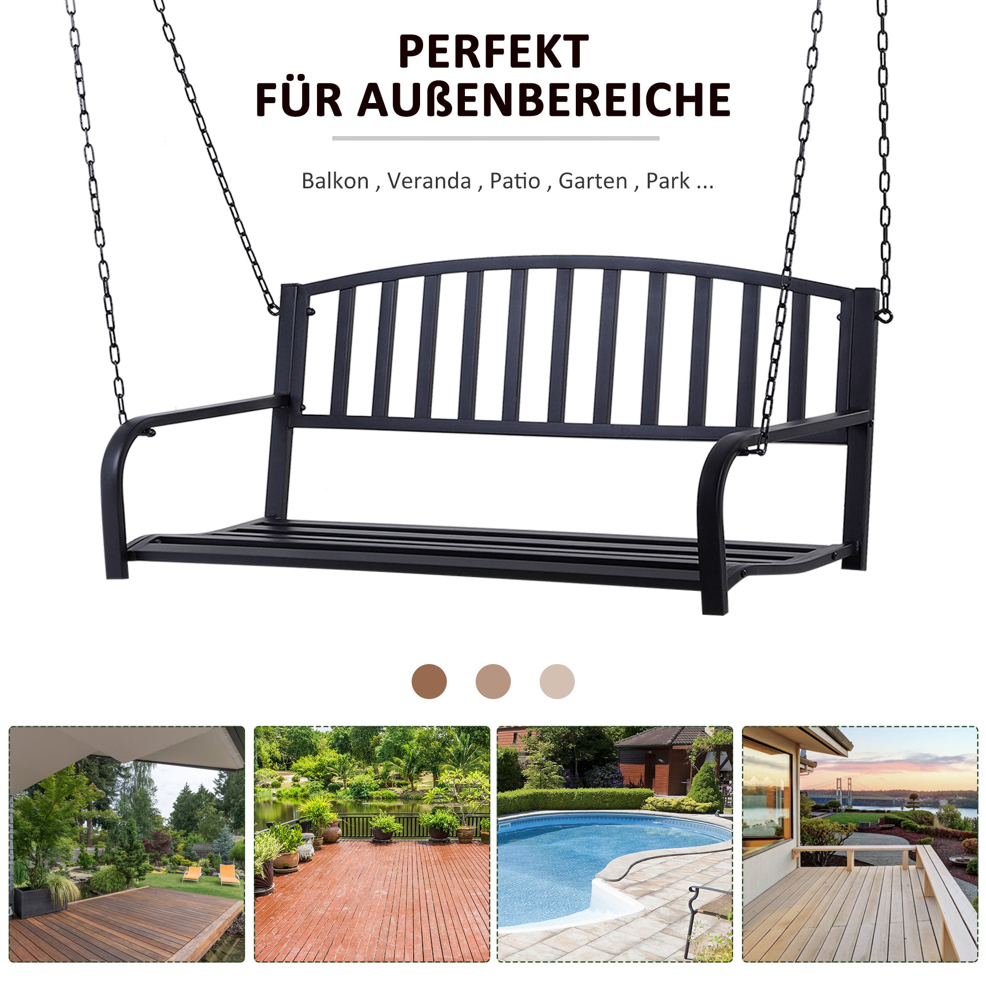 Hanging Bench 2-Seater Garden Swing Swing Bench Hollywood Swing Suspended Bench with Chains Metal Black 127 x 60 x 53 cm