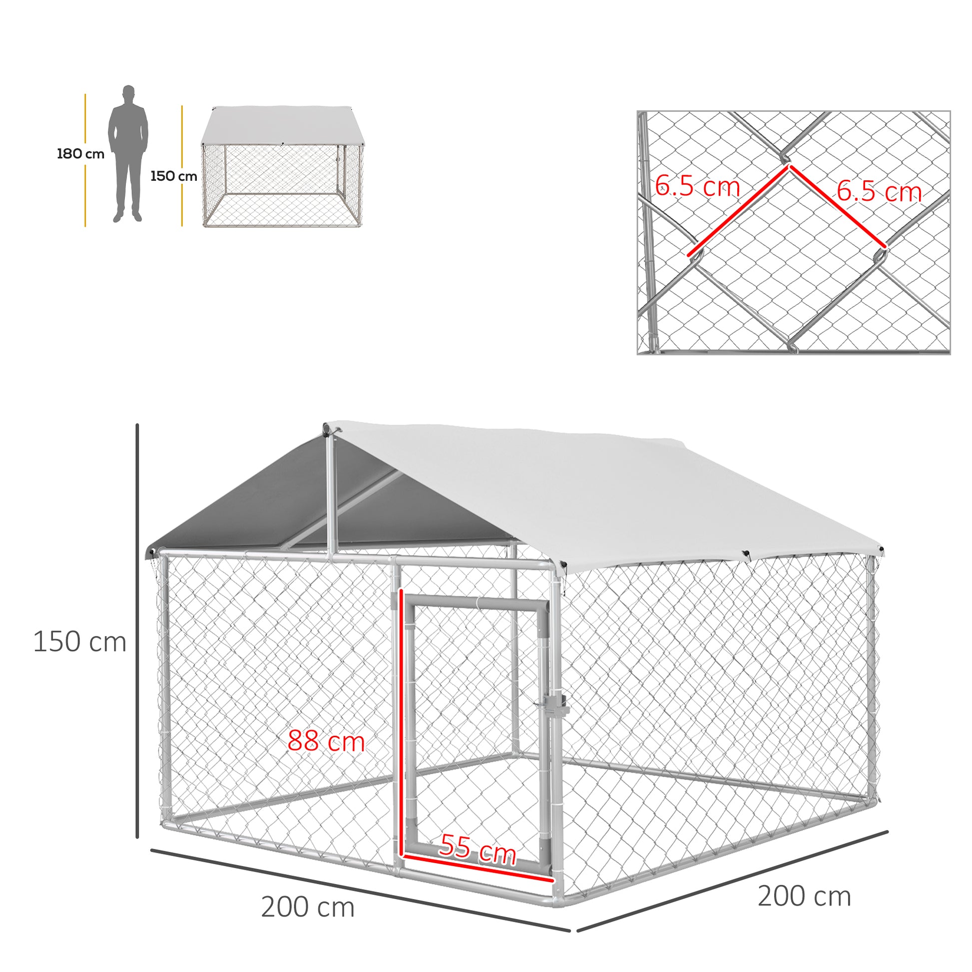 Outdoor Dog Kennel, Animal Enclosure with Waterproof Cover, 200x200x150cm, Silver and Grey