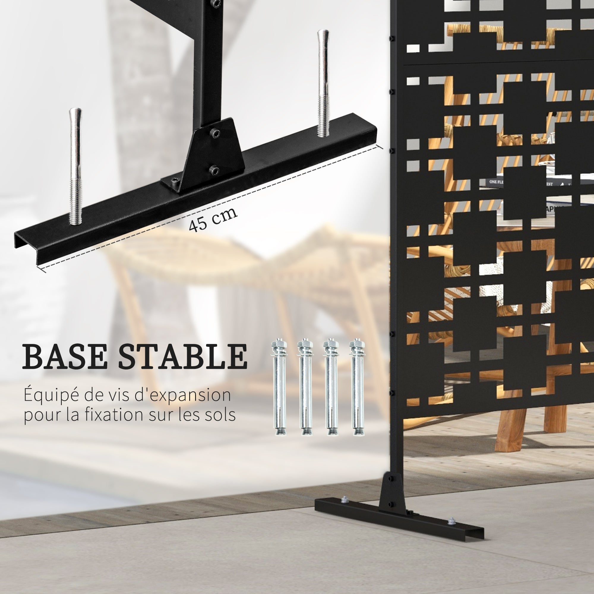 Decorative Garden Panel Outdoor Partition with Geometric Metal Cutout Design - 122 x 45 x 198 cm, black