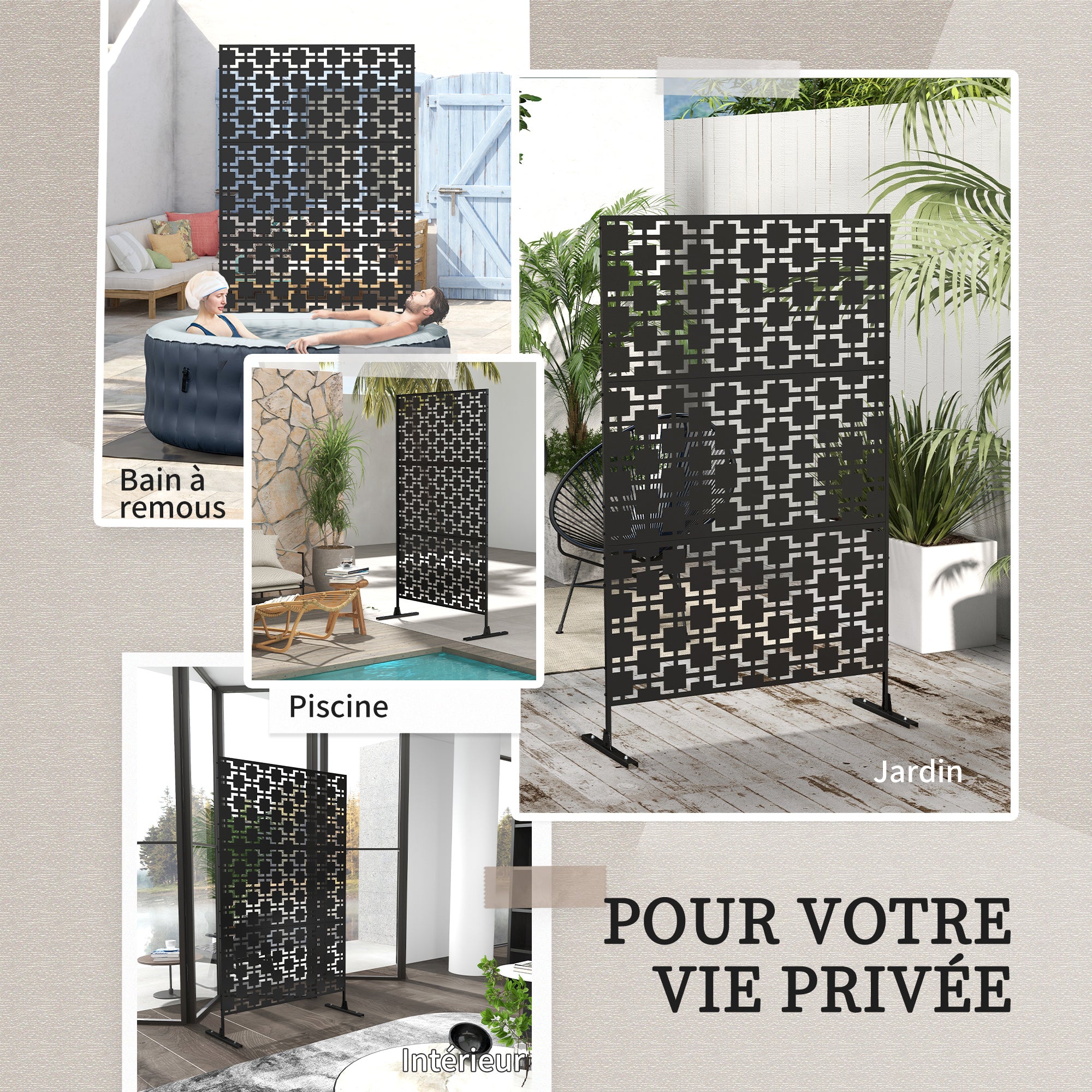 Decorative Garden Panel Outdoor Partition with Geometric Metal Cutout Design - 122 x 45 x 198 cm, black