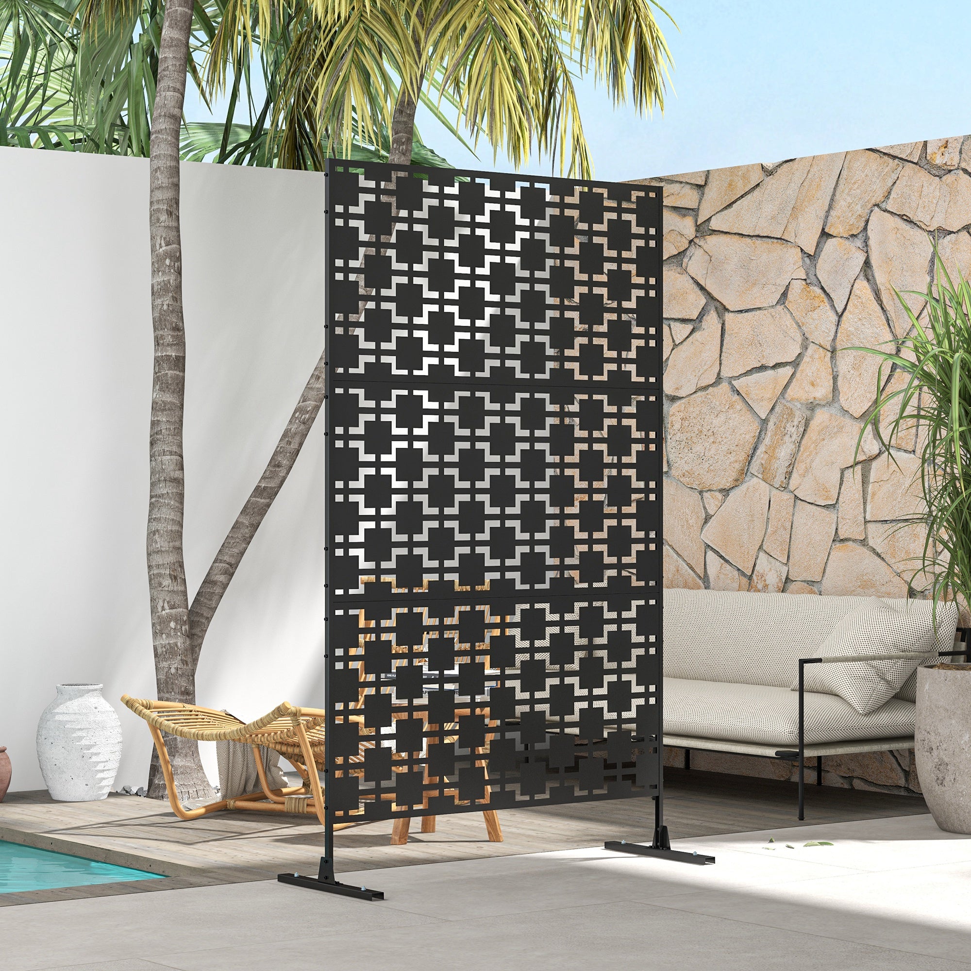 Decorative Garden Panel Outdoor Partition with Geometric Metal Cutout Design - 122 x 45 x 198 cm, black