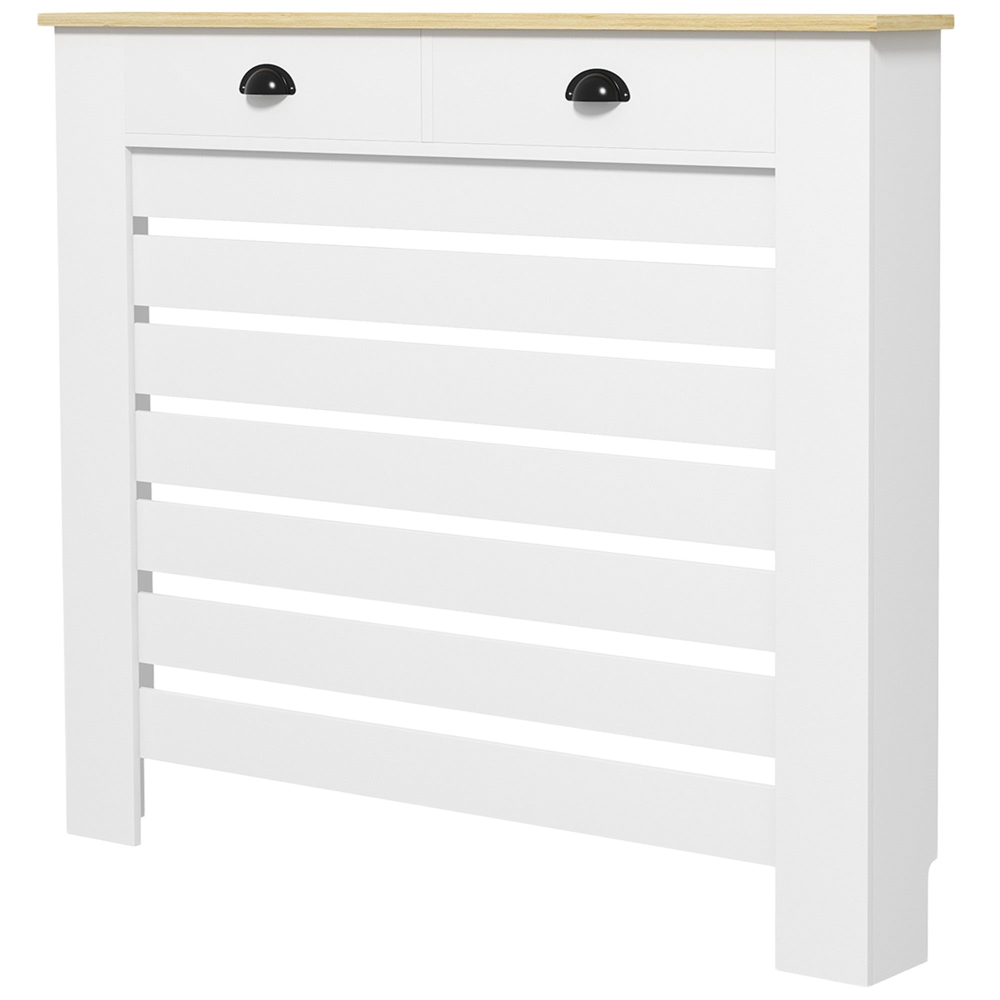 Radiator Cover, Radiator Screen, Horizontal Slat Grid, with 2 Drawers, for Living Room, Bedroom, Hallway, in Wood, 111 x 19 x 95.5 cm, White