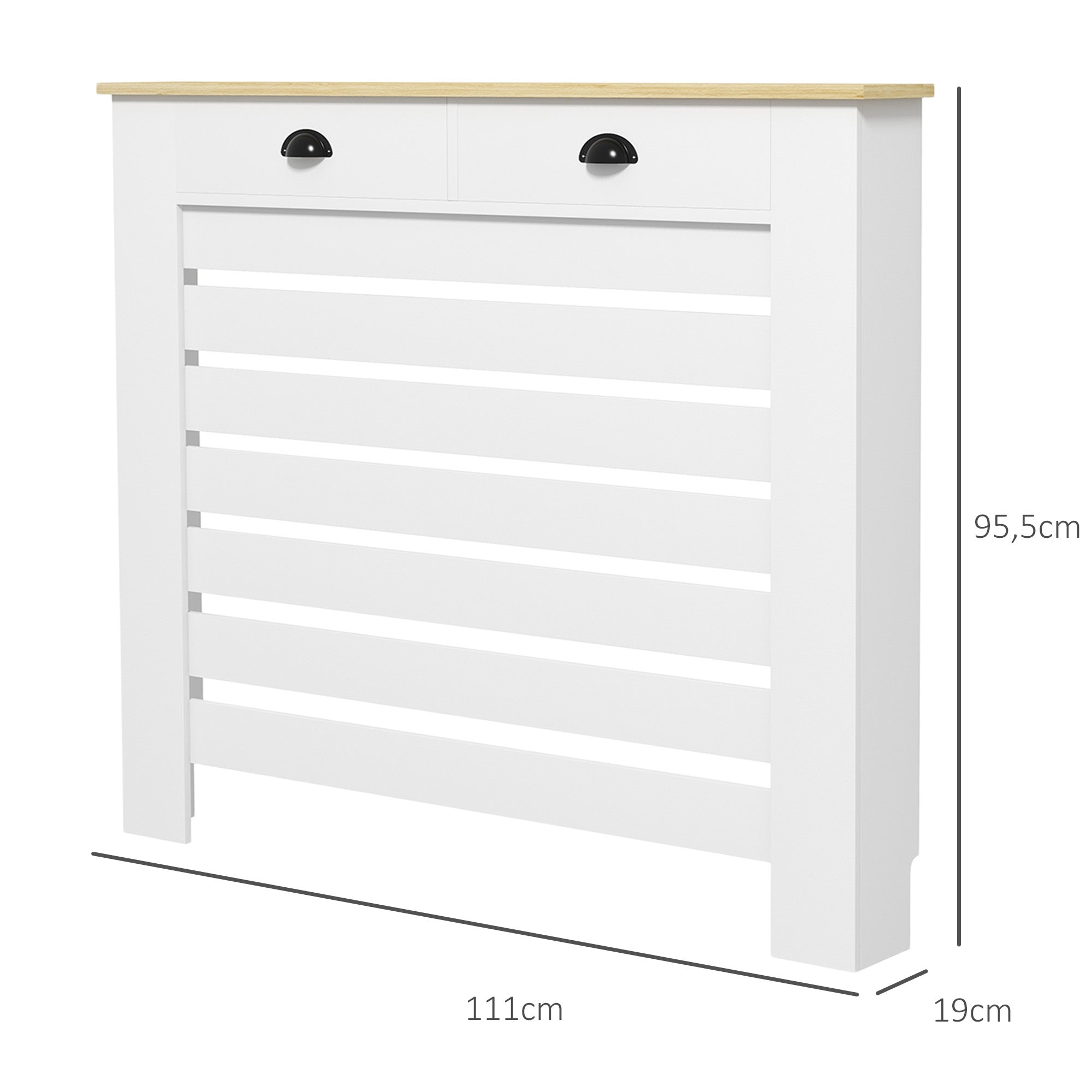 Radiator Cover, Radiator Screen, Horizontal Slat Grid, with 2 Drawers, for Living Room, Bedroom, Hallway, in Wood, 111 x 19 x 95.5 cm, White