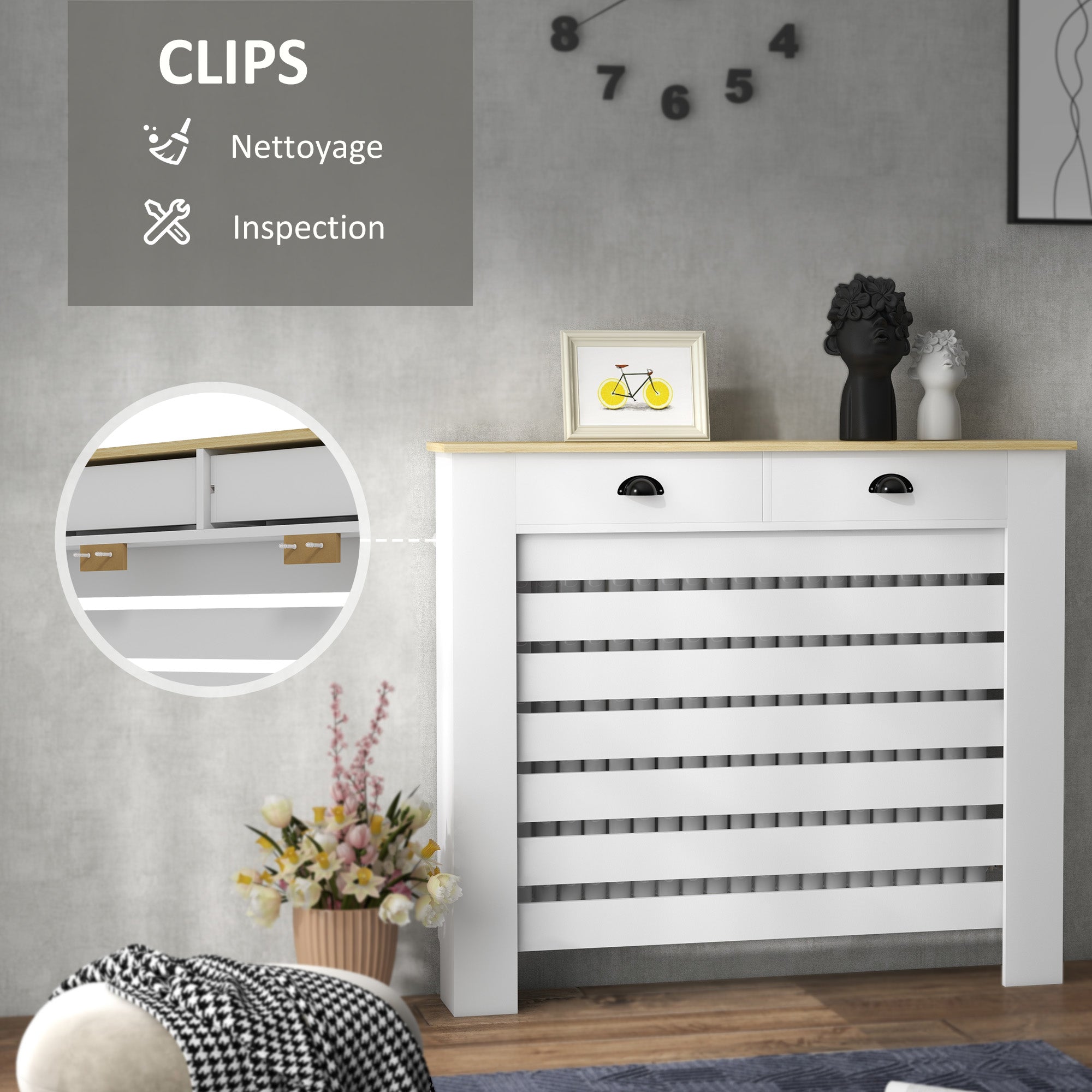Radiator Cover, Radiator Screen, Horizontal Slat Grid, with 2 Drawers, for Living Room, Bedroom, Hallway, in Wood, 111 x 19 x 95.5 cm, White