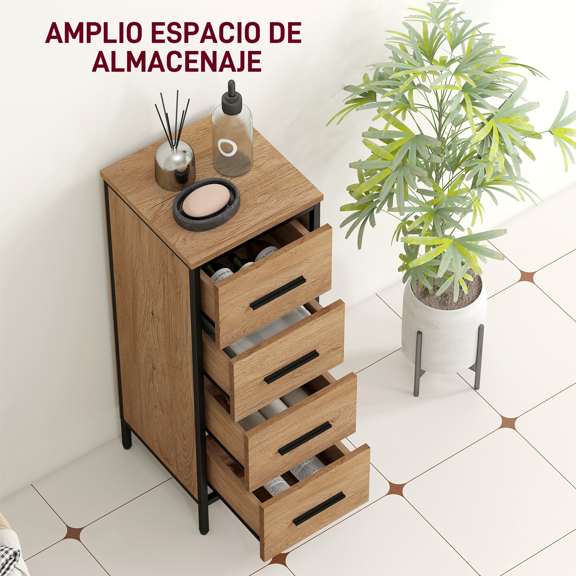 Bathroom Cabinet Narrow Bathroom Unit with 4 Drawers and Steel Frame 11.8x11.8x32.3 inches Oak