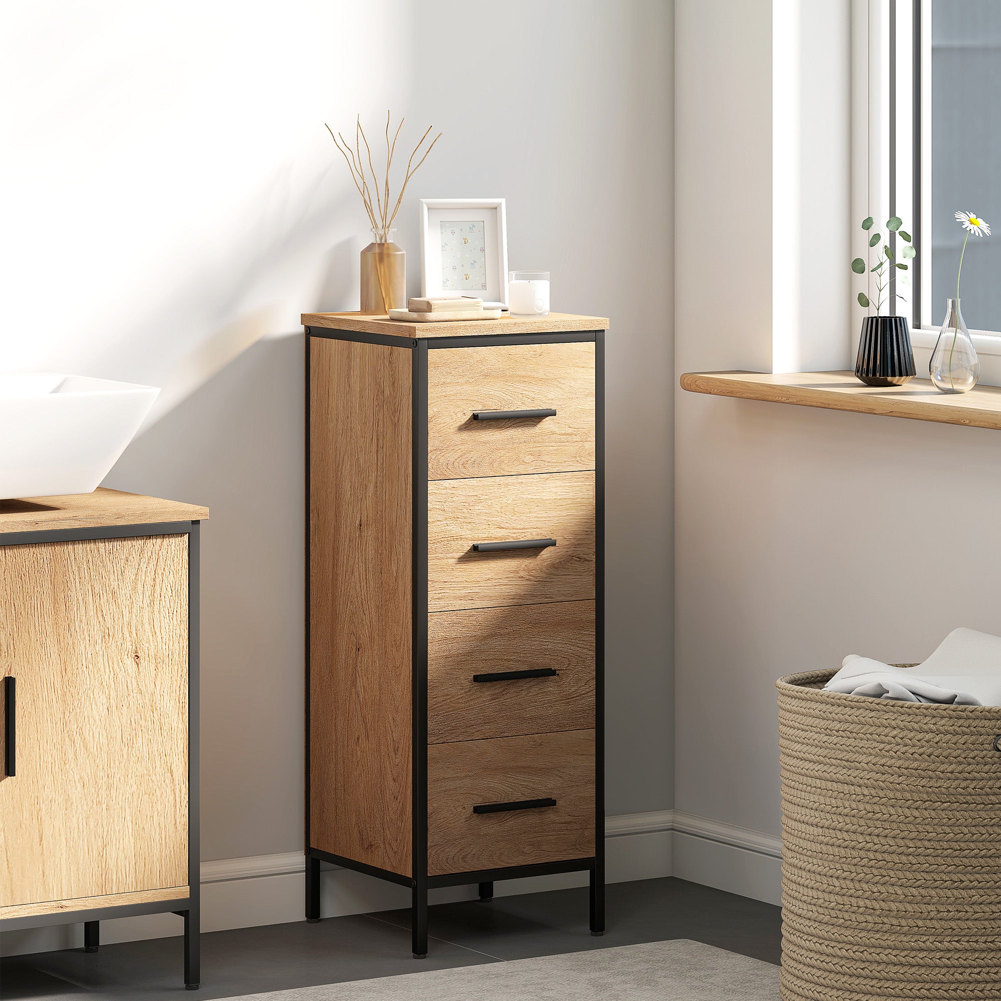 Bathroom Cabinet Narrow Bathroom Unit with 4 Drawers and Steel Frame 11.8x11.8x32.3 inches Oak