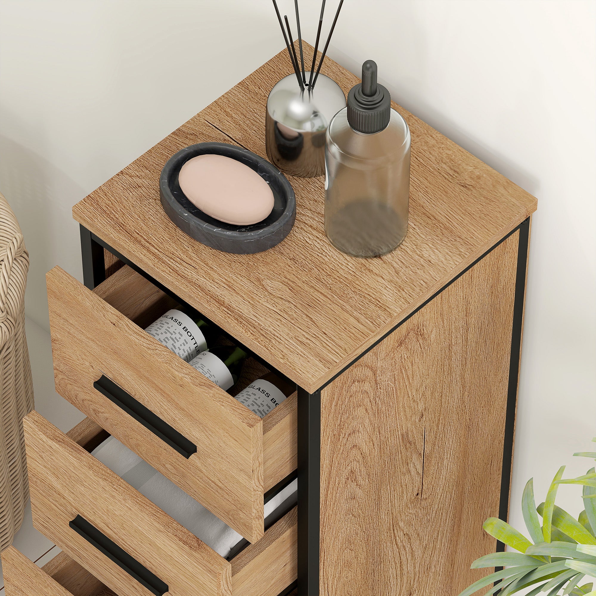 Bathroom Cabinet Narrow Bathroom Unit with 4 Drawers and Steel Frame 11.8x11.8x32.3 inches Oak