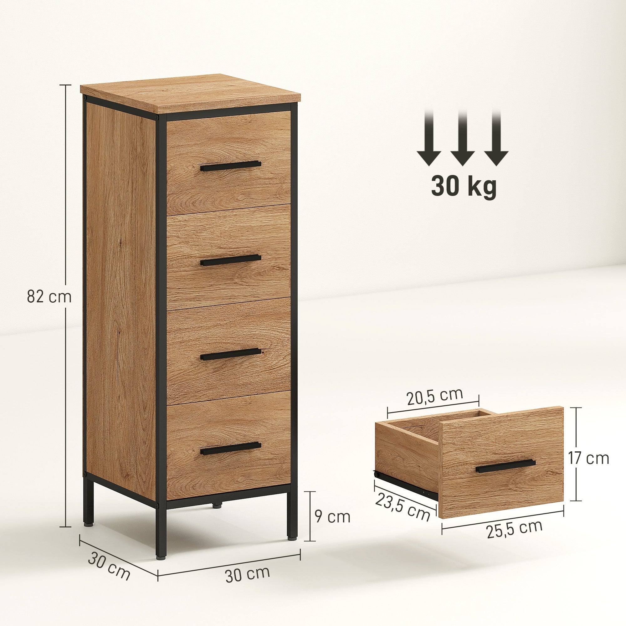 Bathroom Cabinet Narrow Bathroom Unit with 4 Drawers and Steel Frame 11.8x11.8x32.3 inches Oak