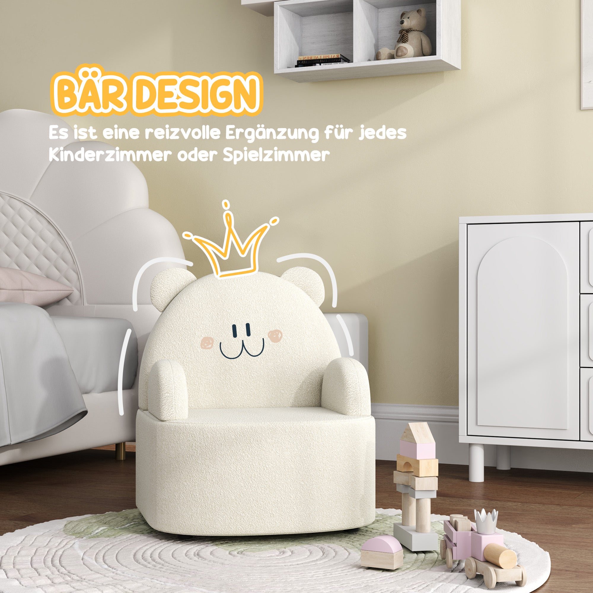 Kids Chair, Kids Sofa with Soft Teddy Fleece, Bear Shape, Children's Chair for Kids from 1.5 Years Old, Children's Room, Playroom, Beige