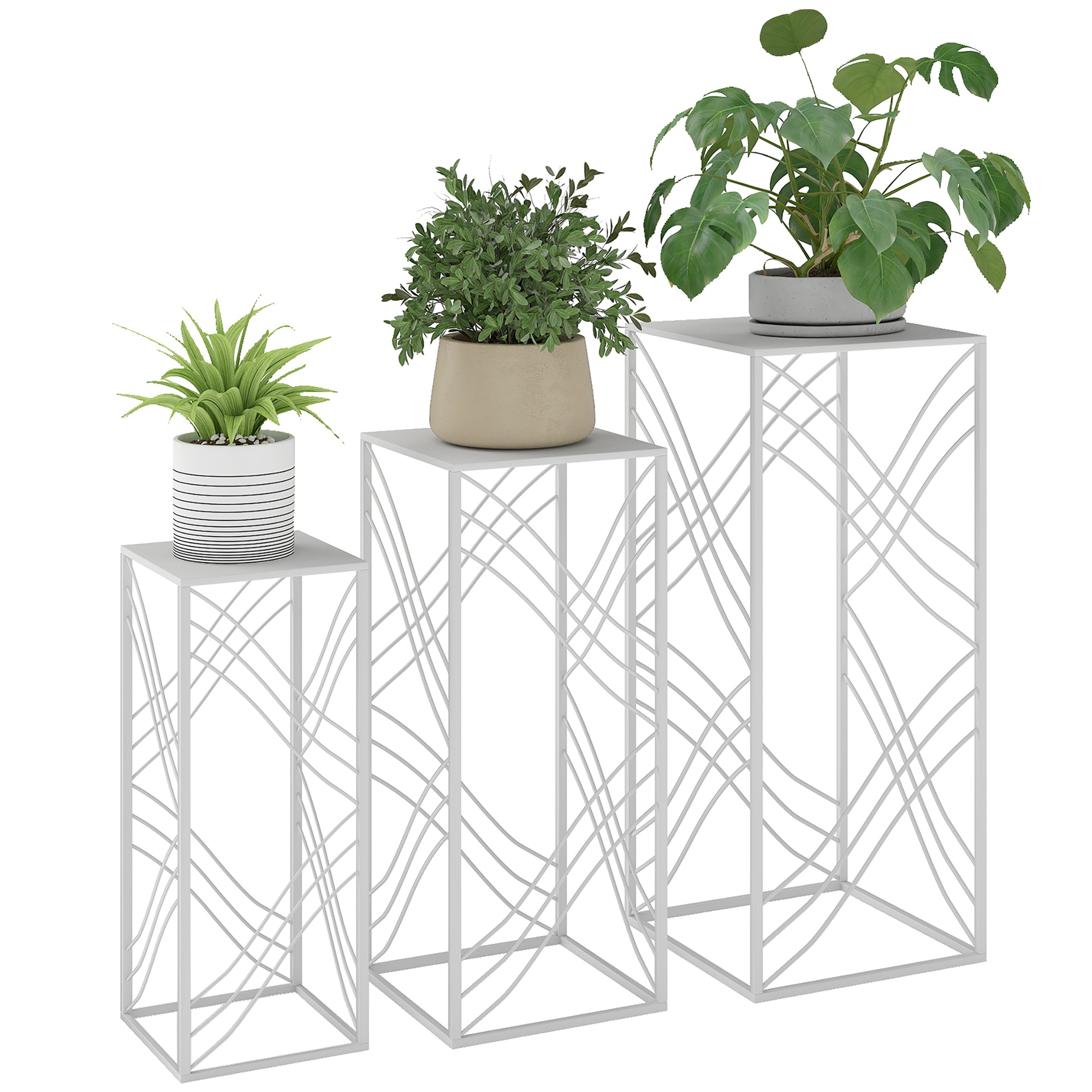 3-Piece Stackable Plant Stand Set — Powder-Coated Metal, White; Heights 19.7"/23.6"/27.6" (50/60/70 cm), Load Capacity up to 66/44/22 lb