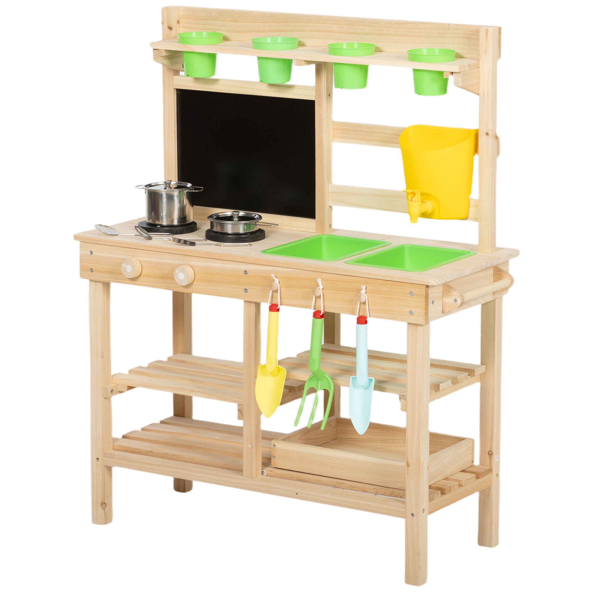 Outdoor Toy Kitchen — Wooden Play Kitchen with Planters, Sink, Faucet, Stainless-Steel Utensils, Chalkboard, Shelves & Hooks — Ages 3–6, Natural
