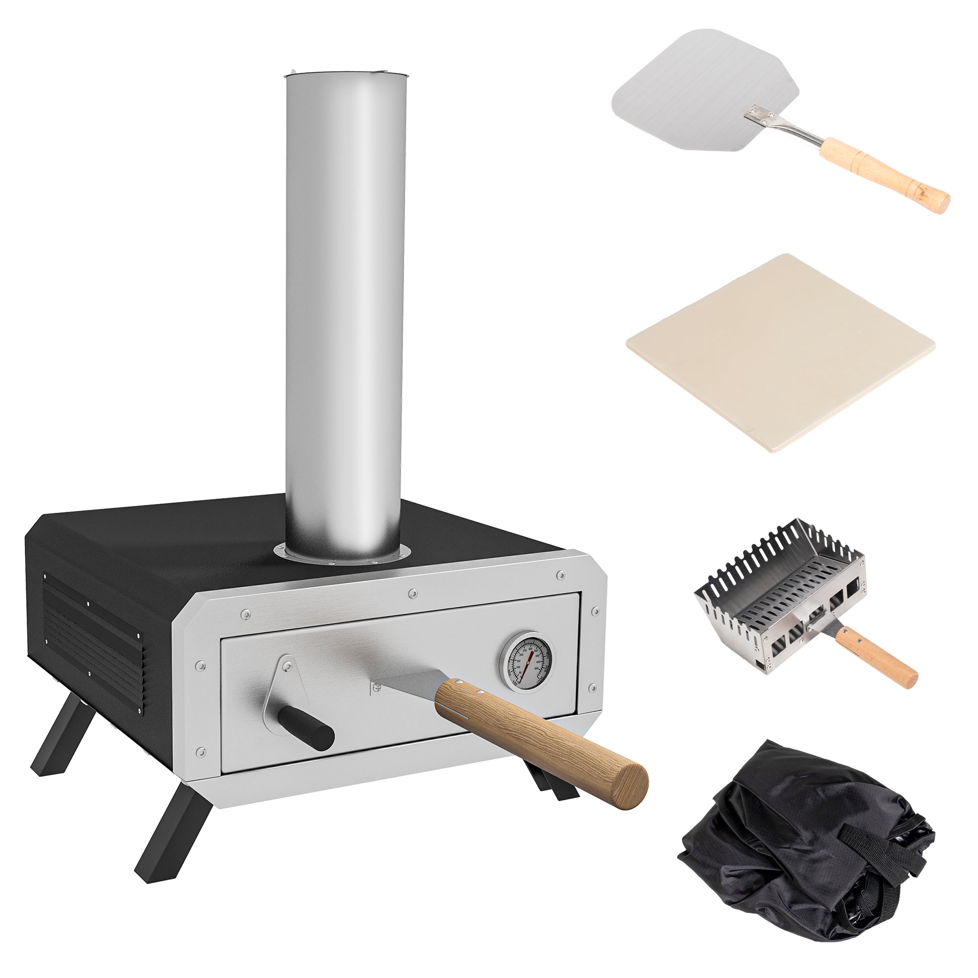 2-In-1 Pizza Oven Outdoor with Pizza Stone Wood-Fired Oven Pizza Peel Pizza Paddle Grill Oven for BBQ Steel Black
